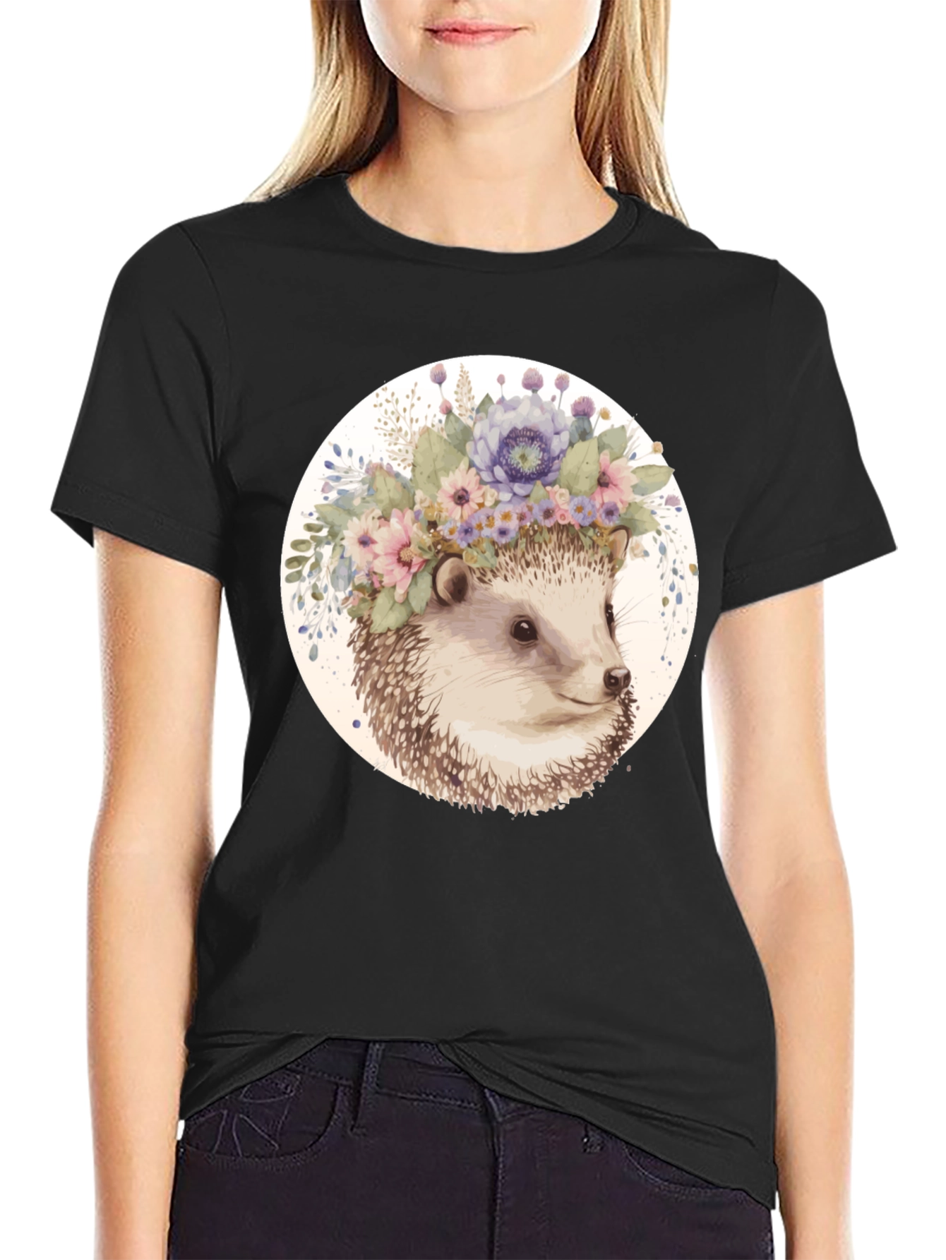 Hedgehog Floral Crown Black T-Shirt