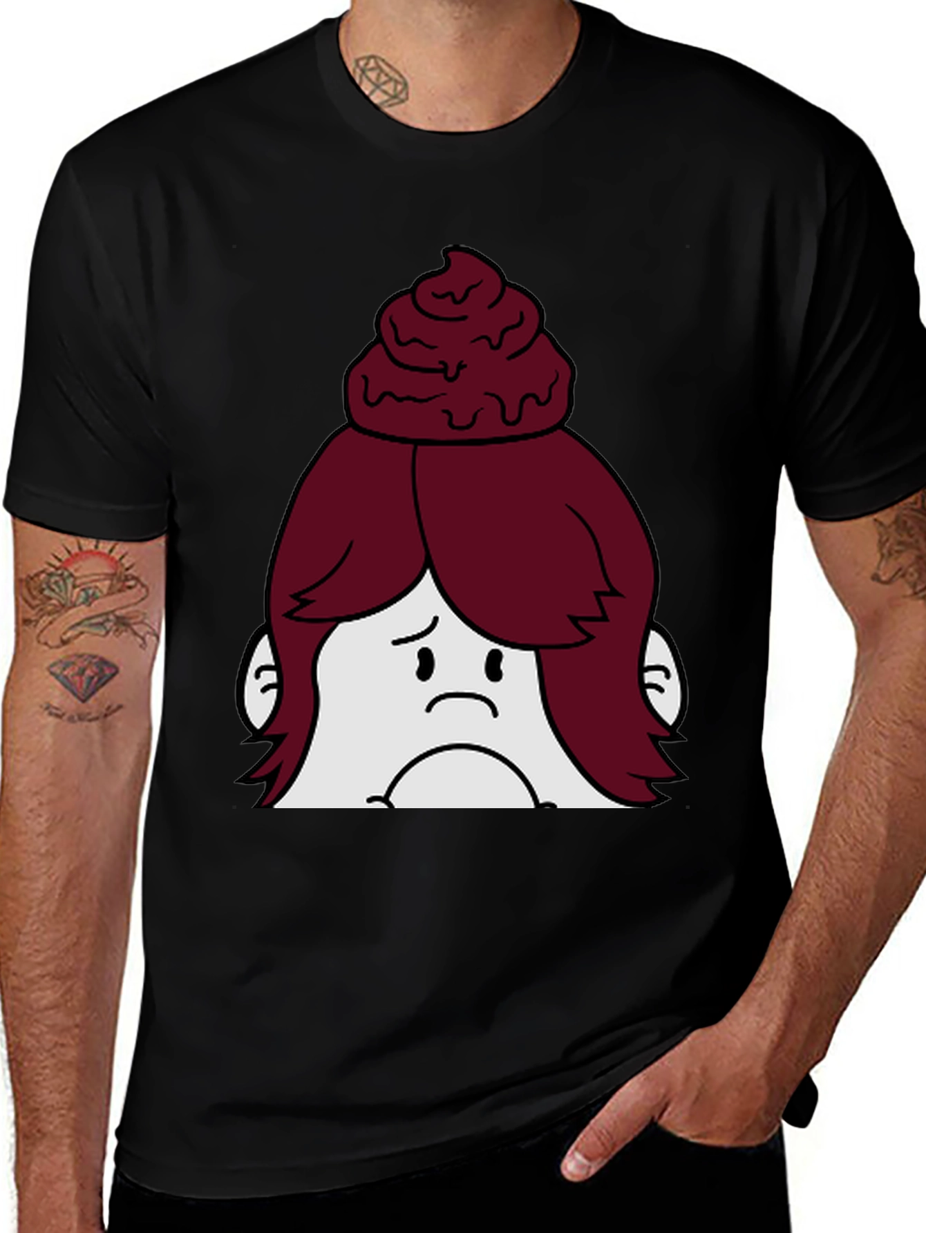 Funny Sad Cupcake Head Cartoon Black T-Shirt