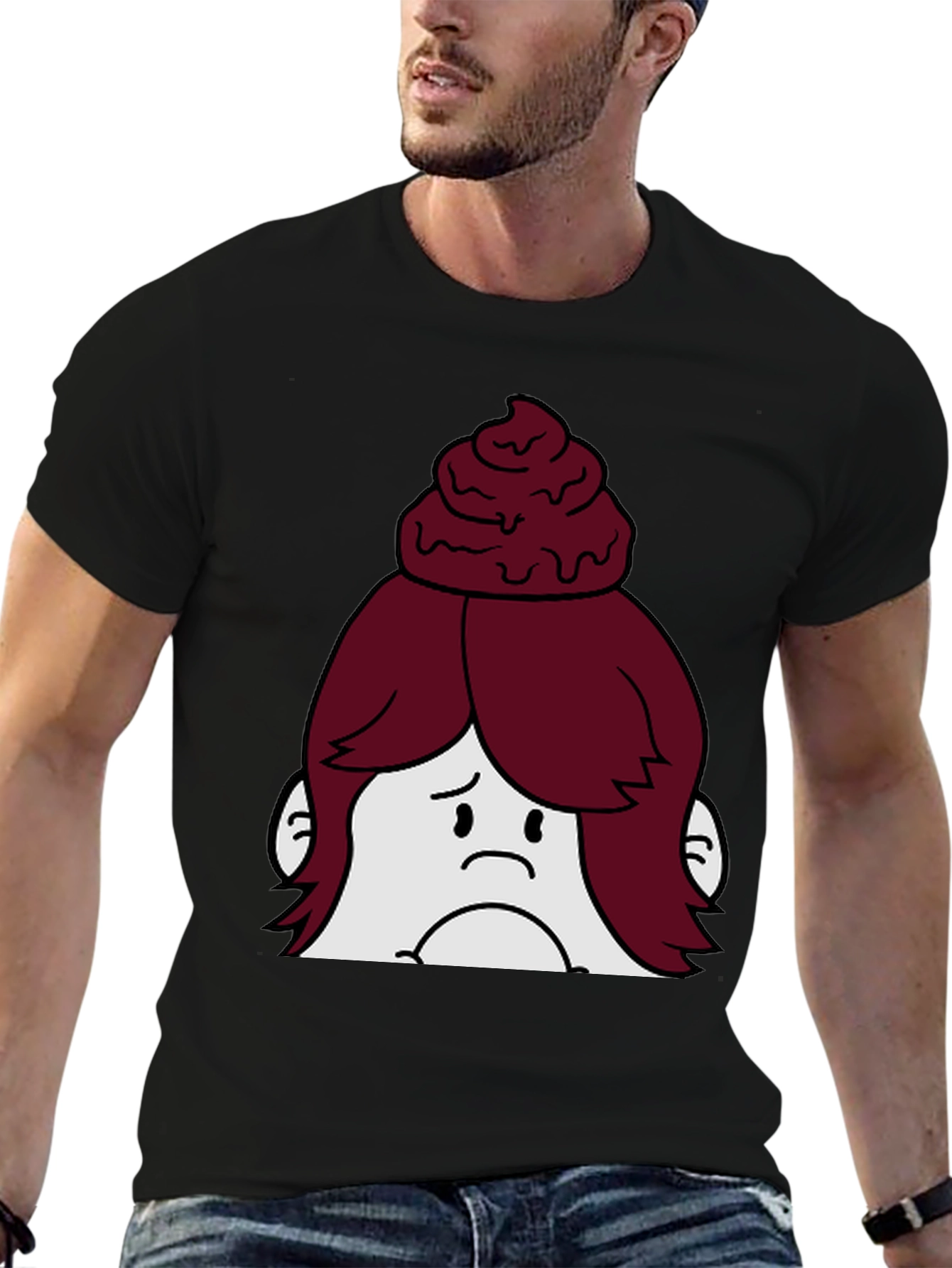 Funny Sad Cupcake Head Cartoon Black T-Shirt