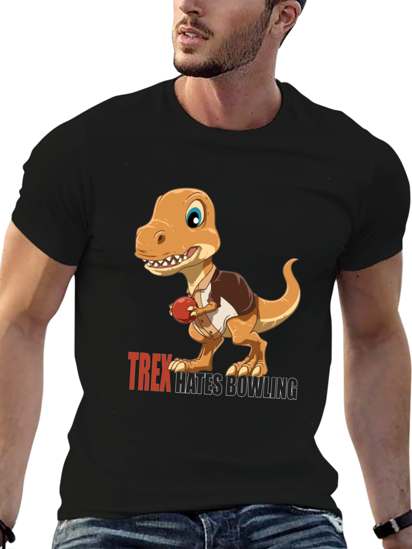 T-Rex Hates Bowling Graphic Tee - Black Casual Shirt