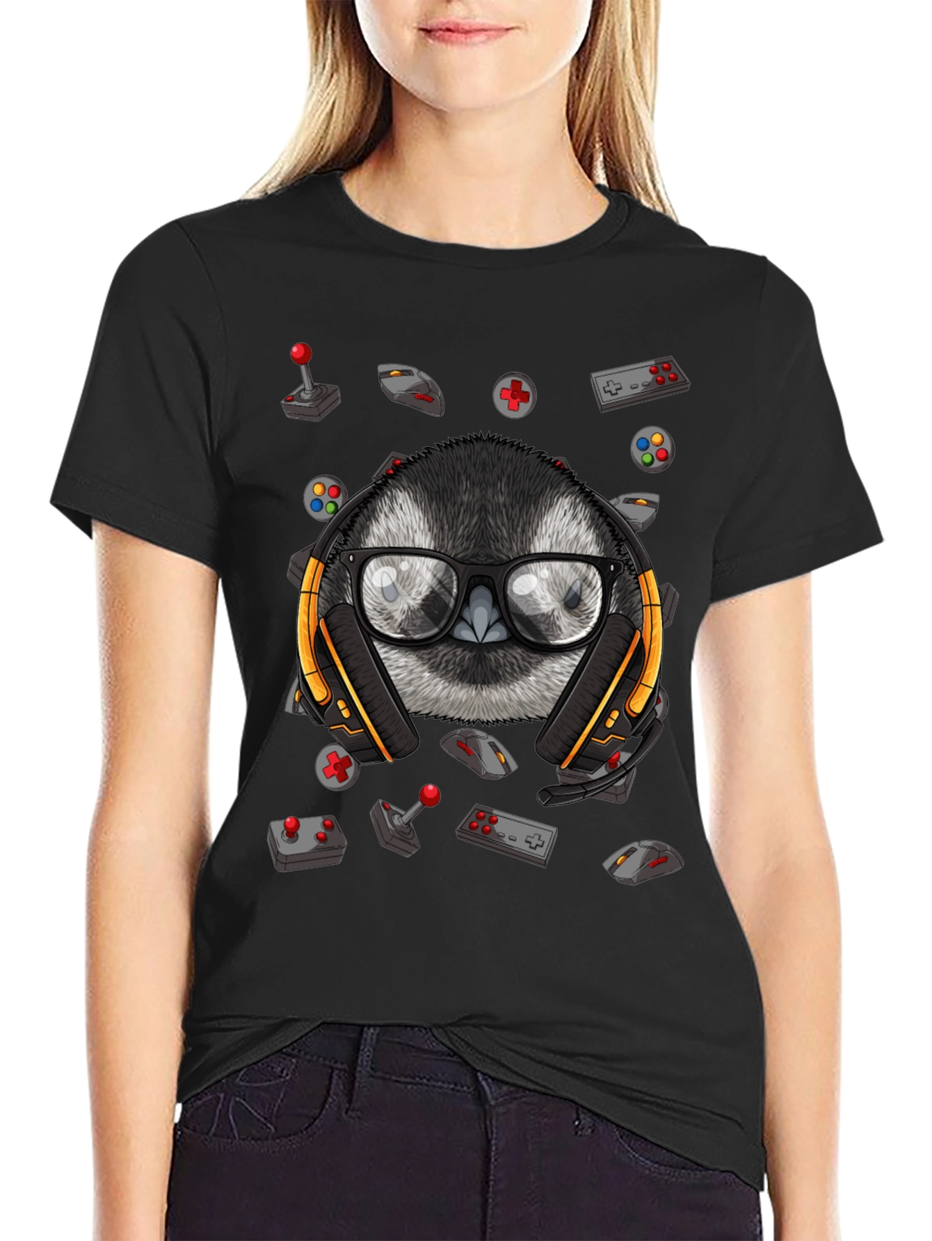 Gamer Owl Graphic Tee - Black Cotton Blend Shirt