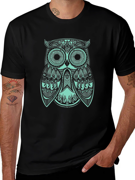 Geometric Owl Print Black T-Shirt