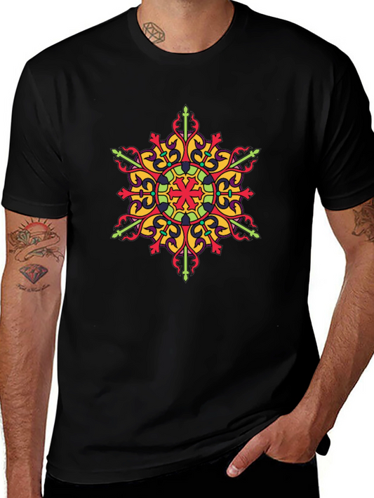 Black Tee with Colorful Geometric Mandala Print