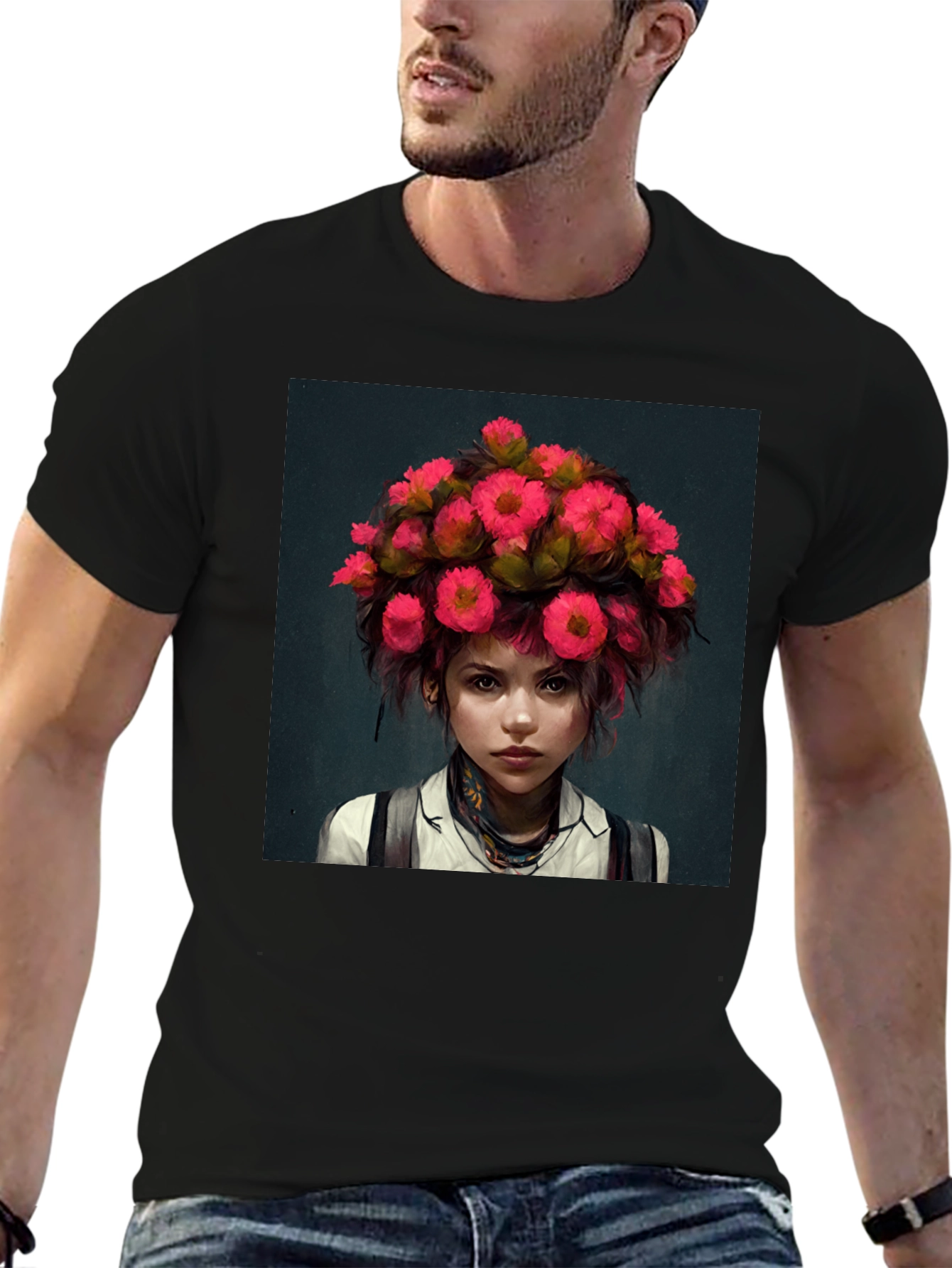 Floral Headpiece Girl Tee - Unique Graphic T-Shirt