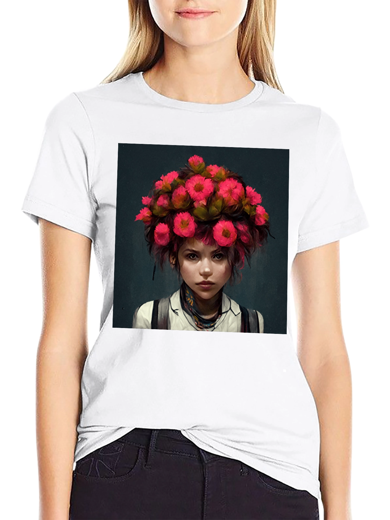 Floral Headpiece Girl Tee - Unique Graphic T-Shirt