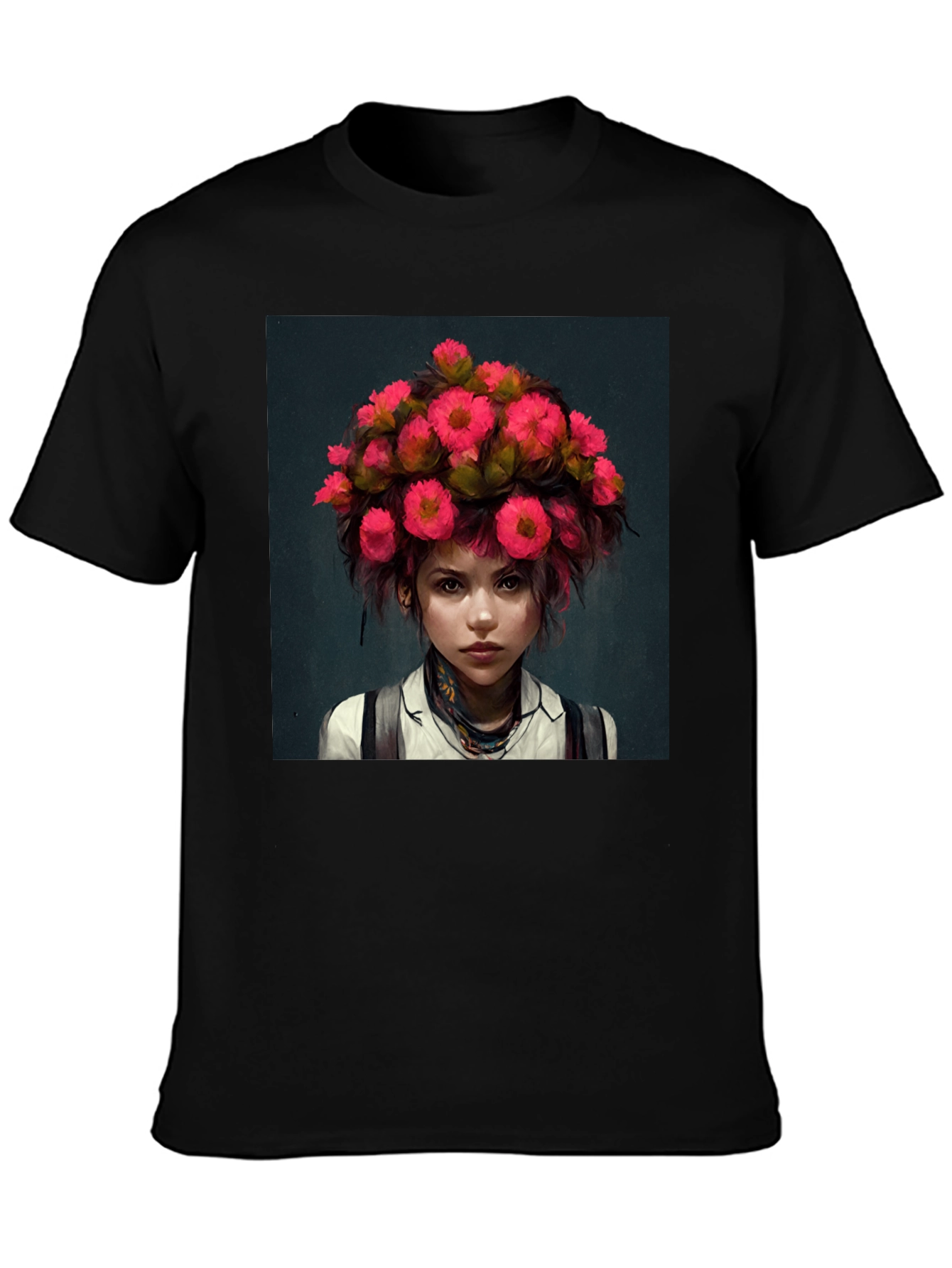 Floral Headpiece Girl Tee - Unique Graphic T-Shirt