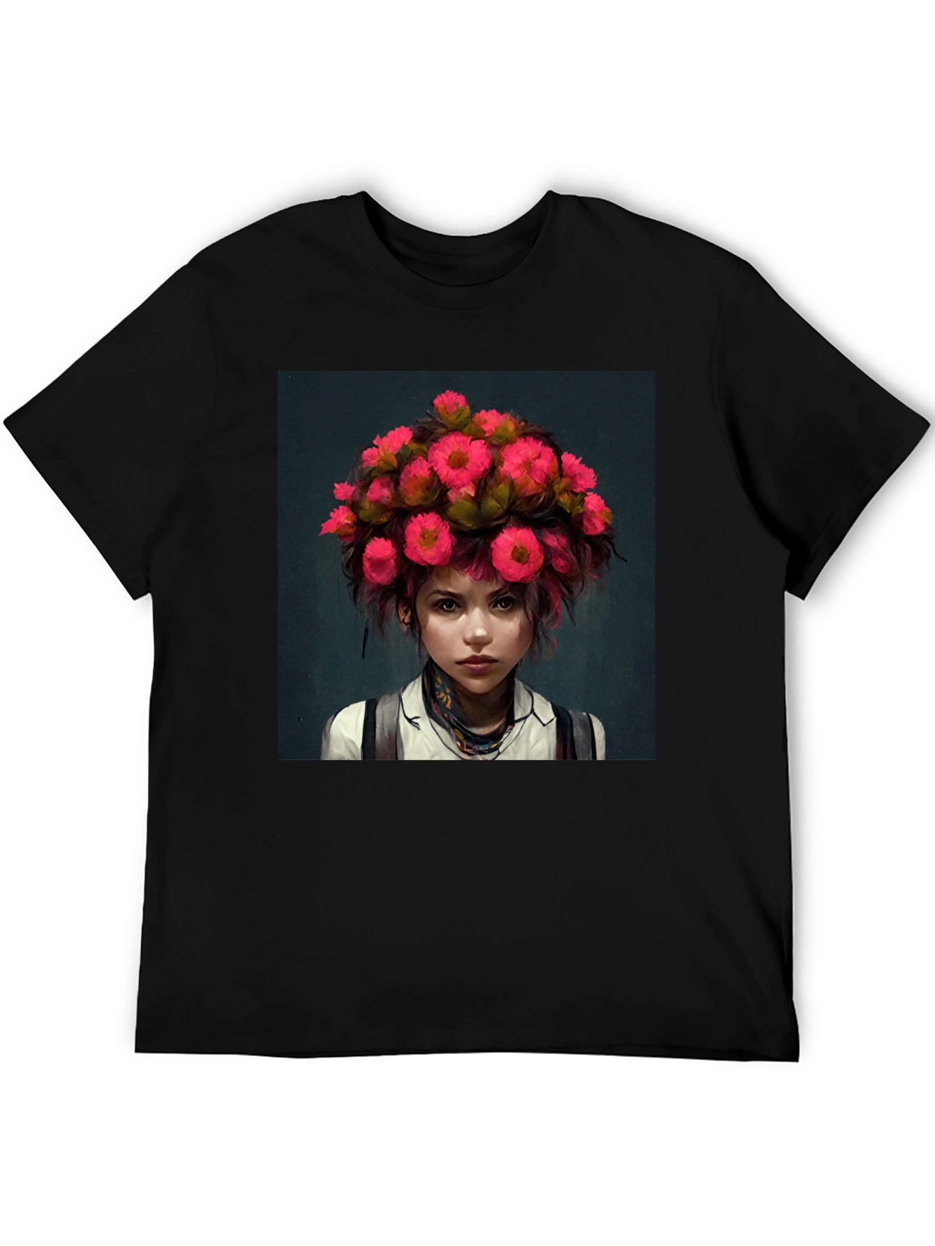 Floral Headpiece Girl Tee - Unique Graphic T-Shirt