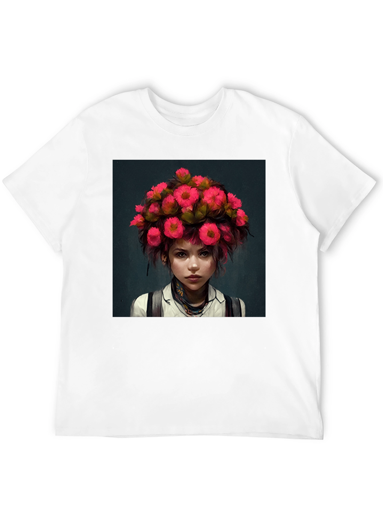 Floral Headpiece Girl Tee - Unique Graphic T-Shirt