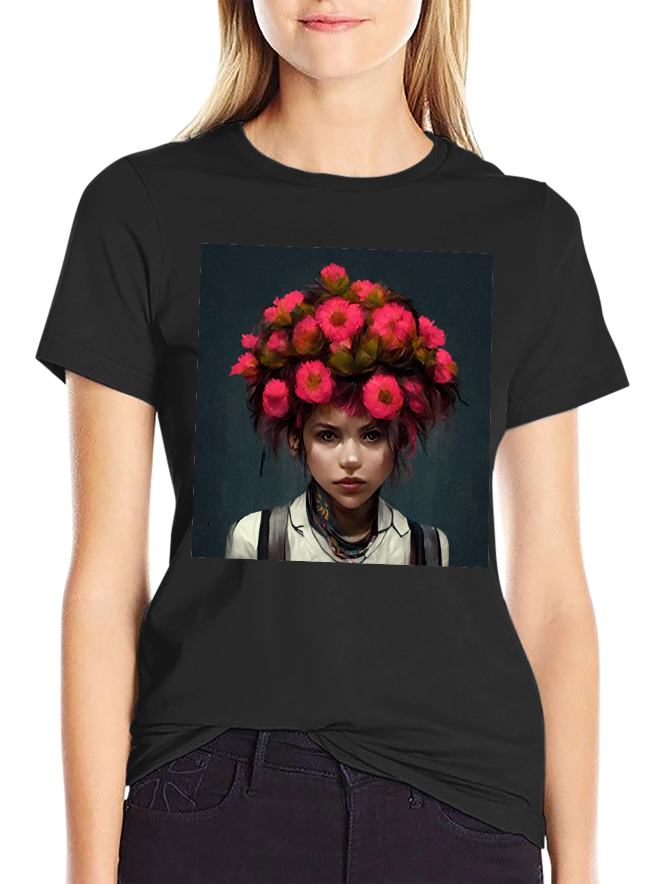 Floral Headpiece Girl Tee - Unique Graphic T-Shirt