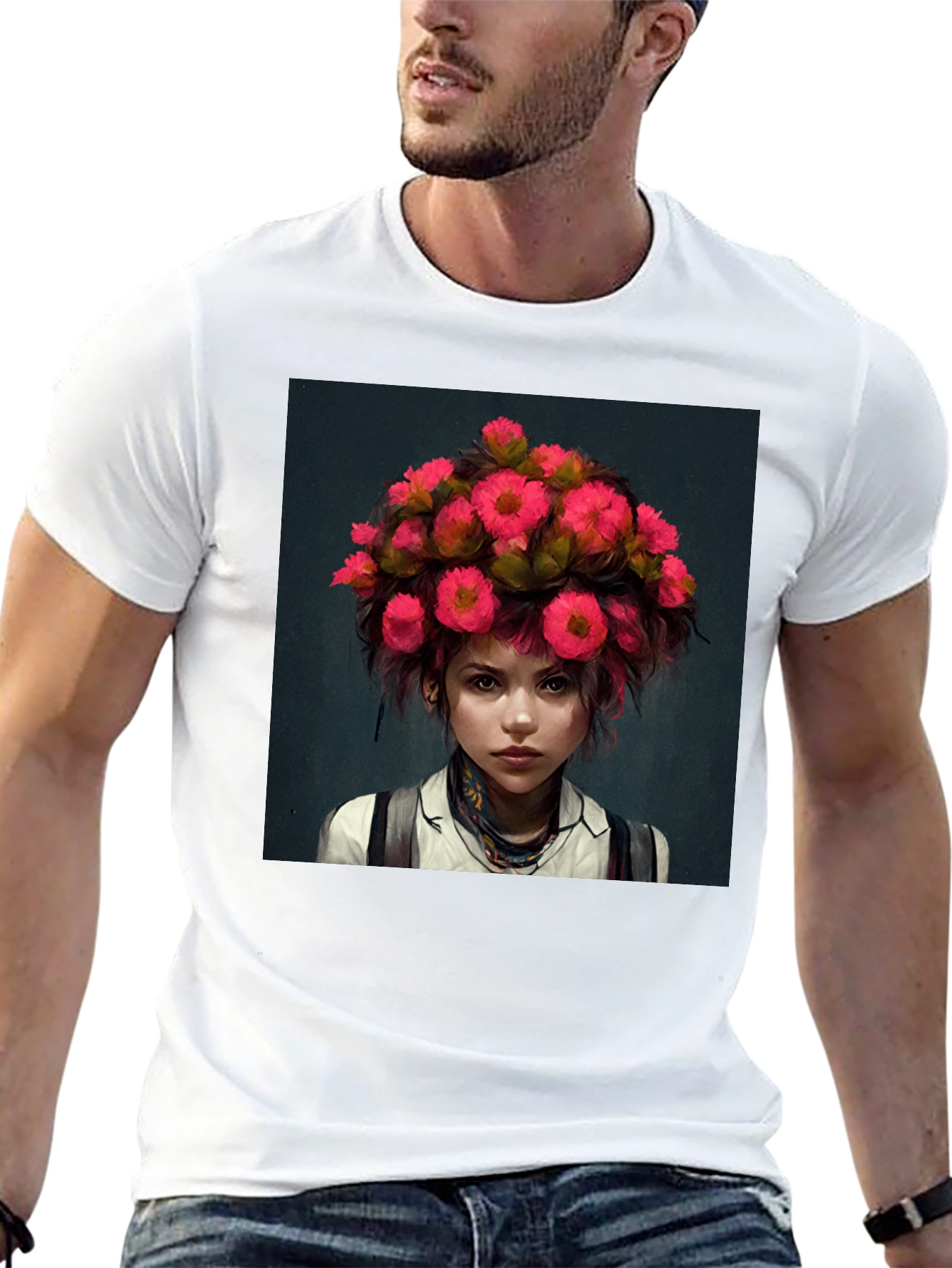 Floral Headpiece Girl Tee - Unique Graphic T-Shirt