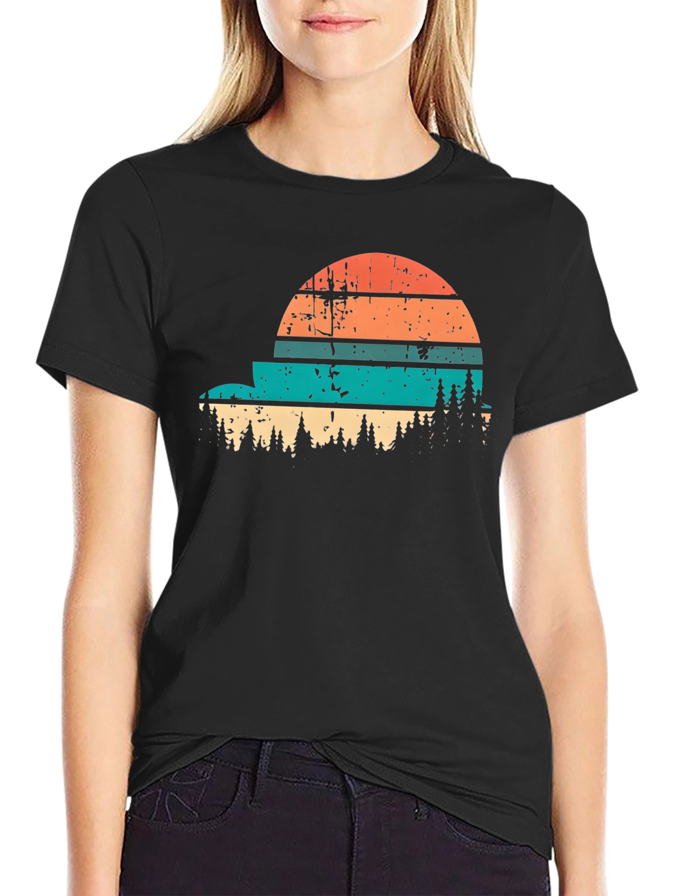 Retro Sunset Forest Graphic Tee - Black