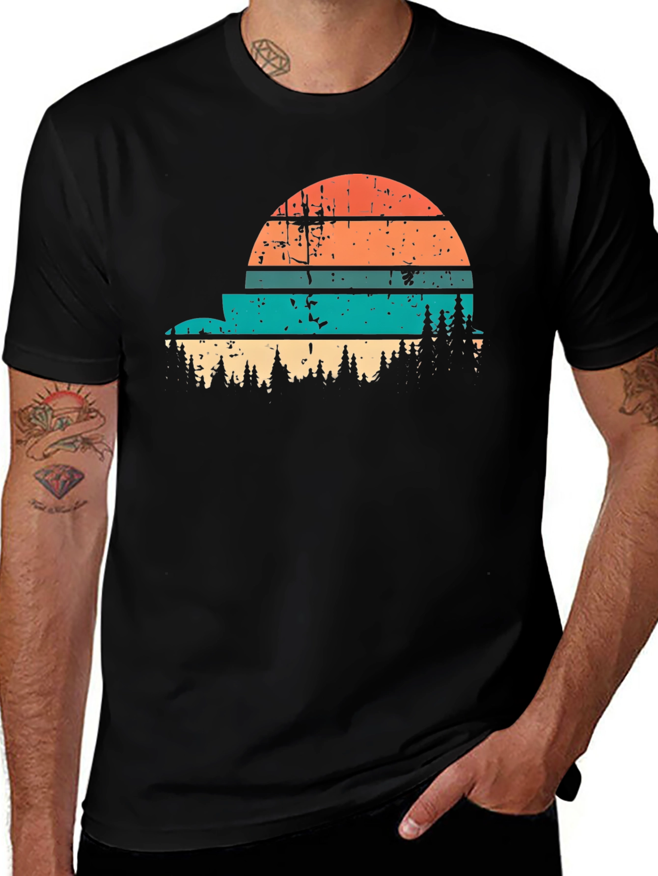 Retro Sunset Forest Graphic Tee - Black