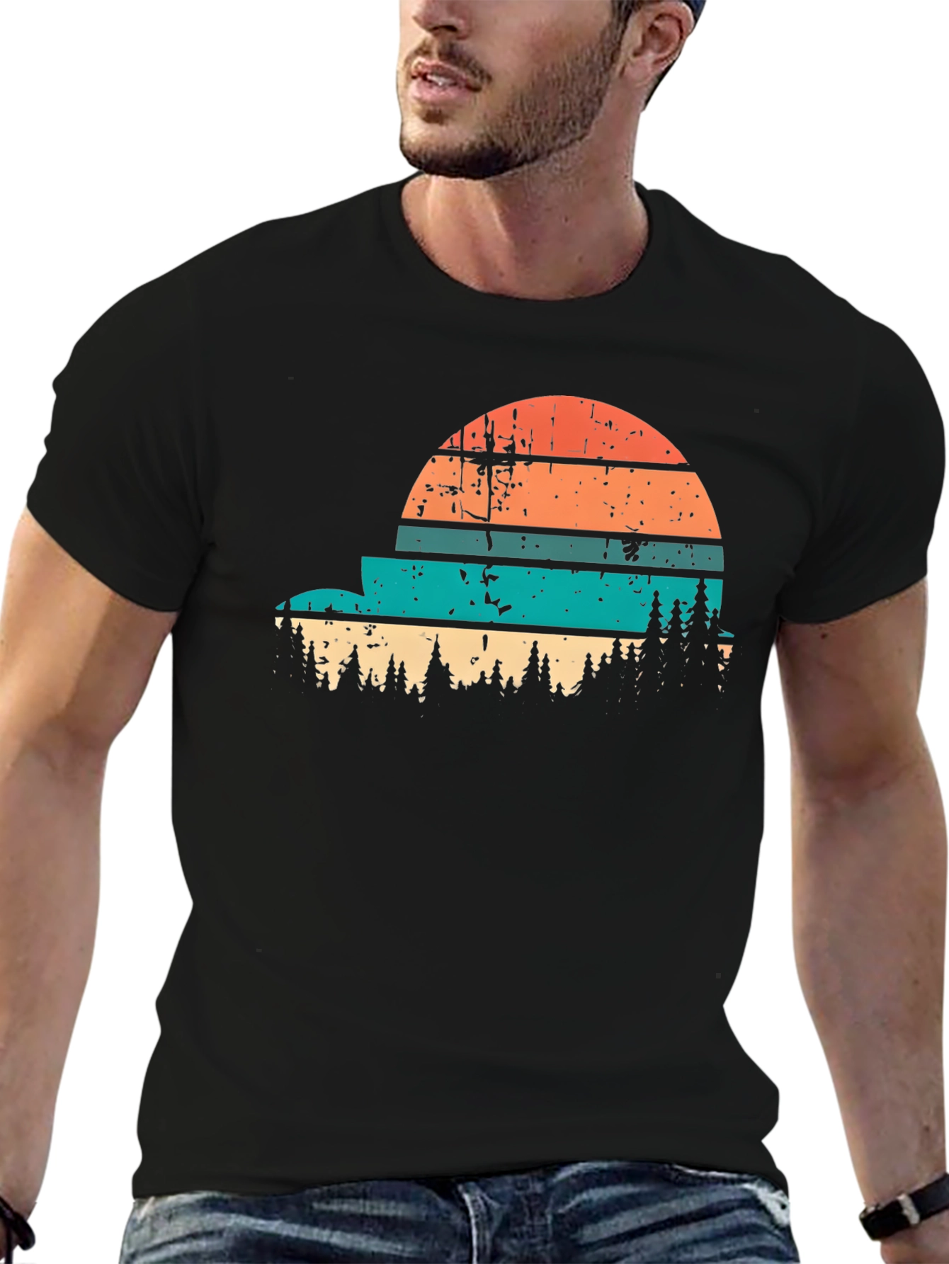Retro Sunset Forest Graphic Tee - Black