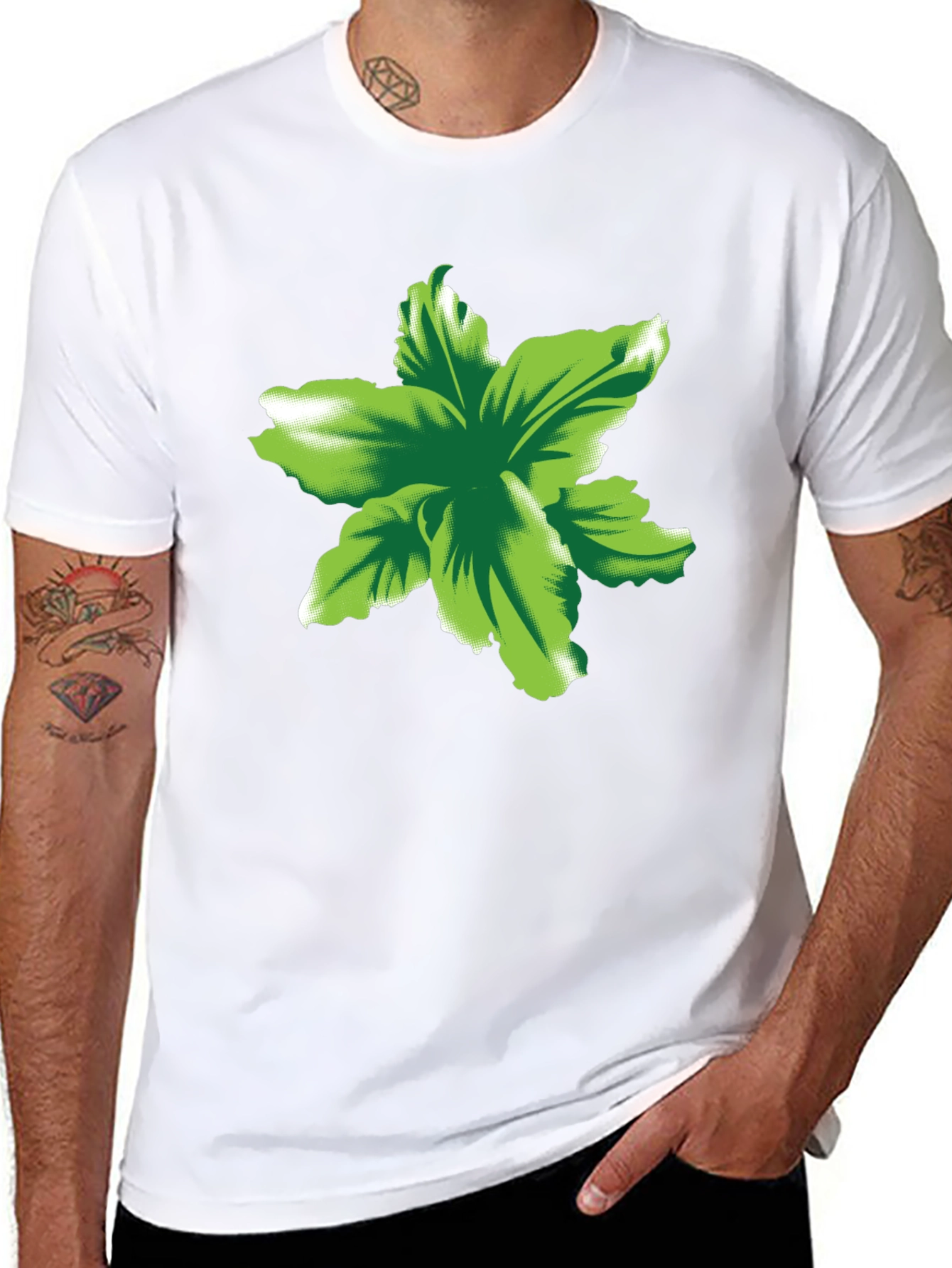 Green Floral Print Black T-Shirt