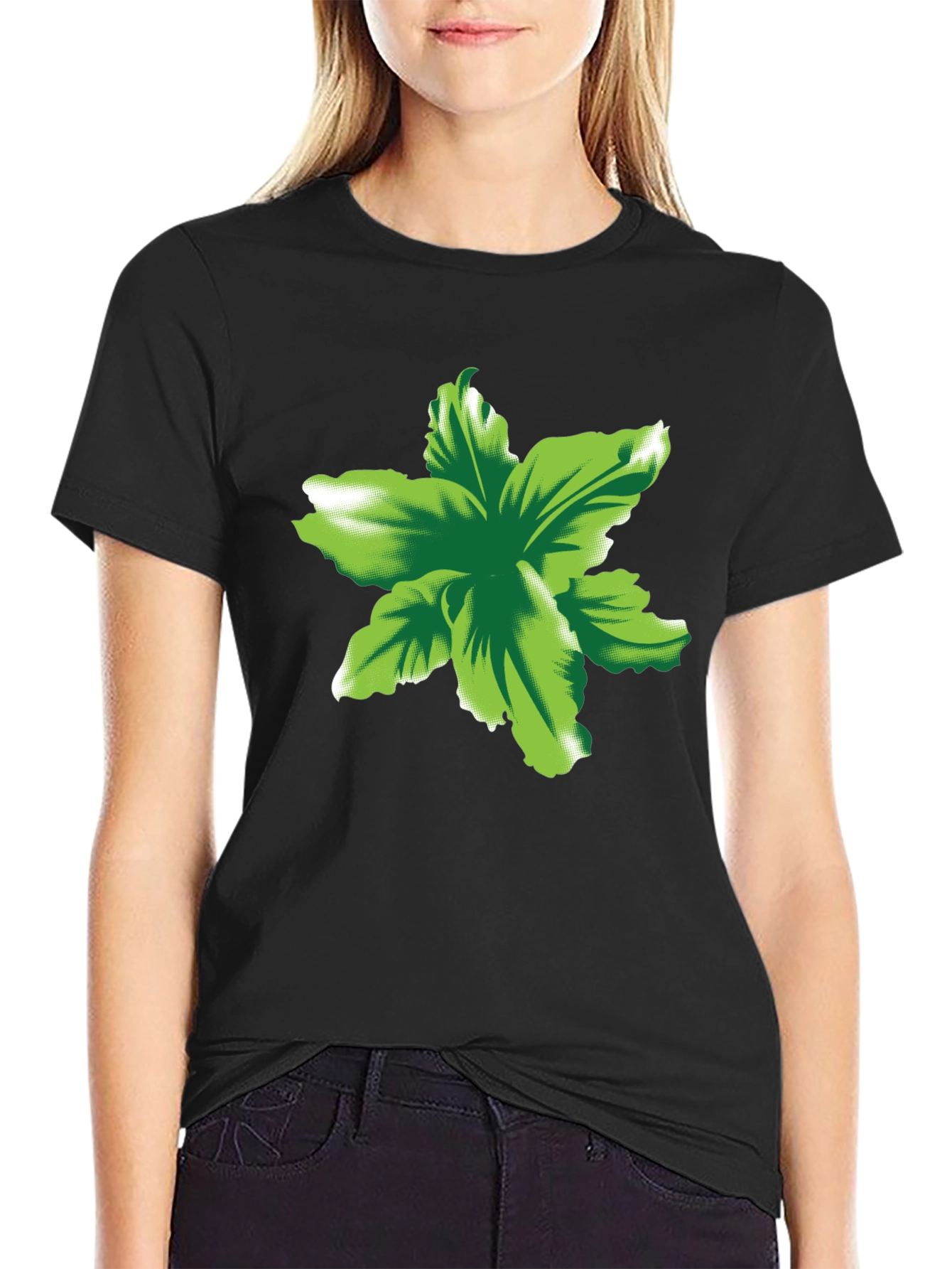 Green Floral Print Black T-Shirt