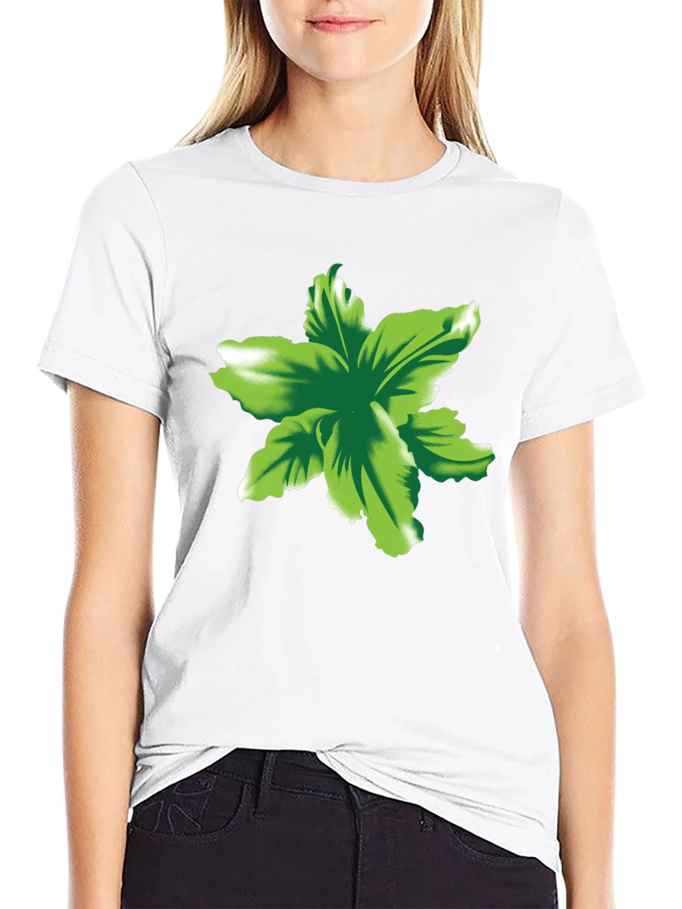 Green Floral Print Black T-Shirt
