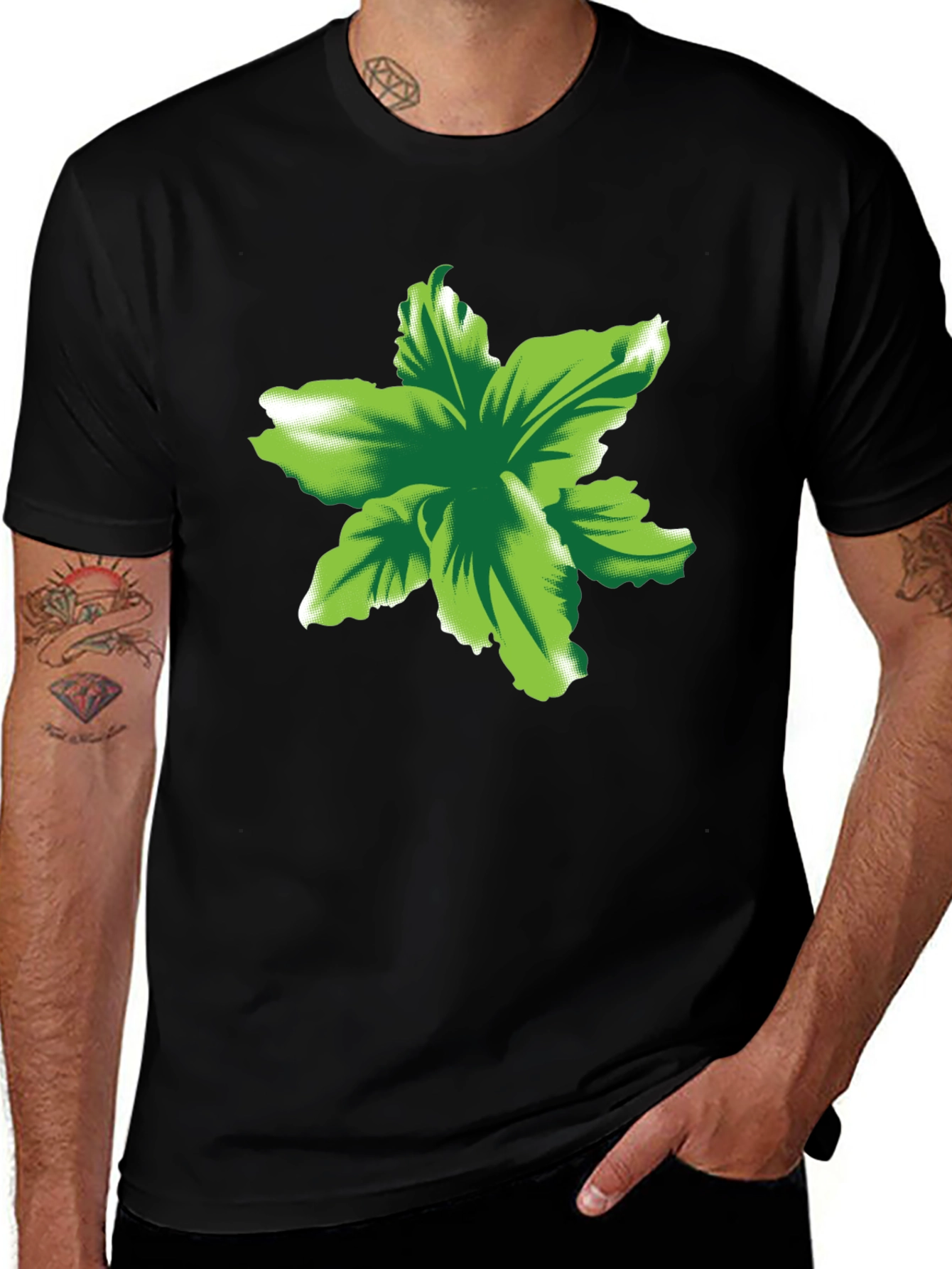 Green Floral Print Black T-Shirt