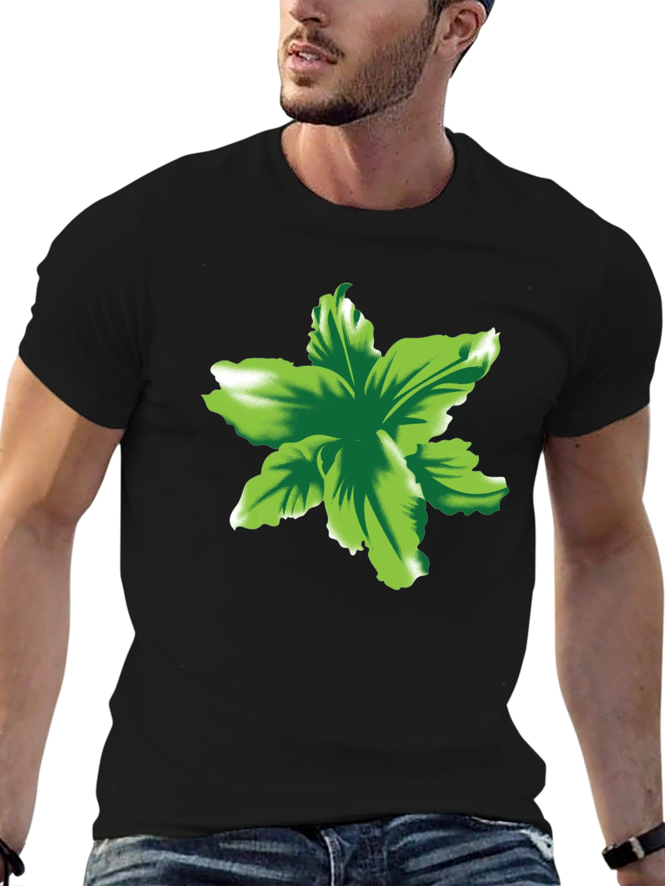 Green Floral Print Black T-Shirt