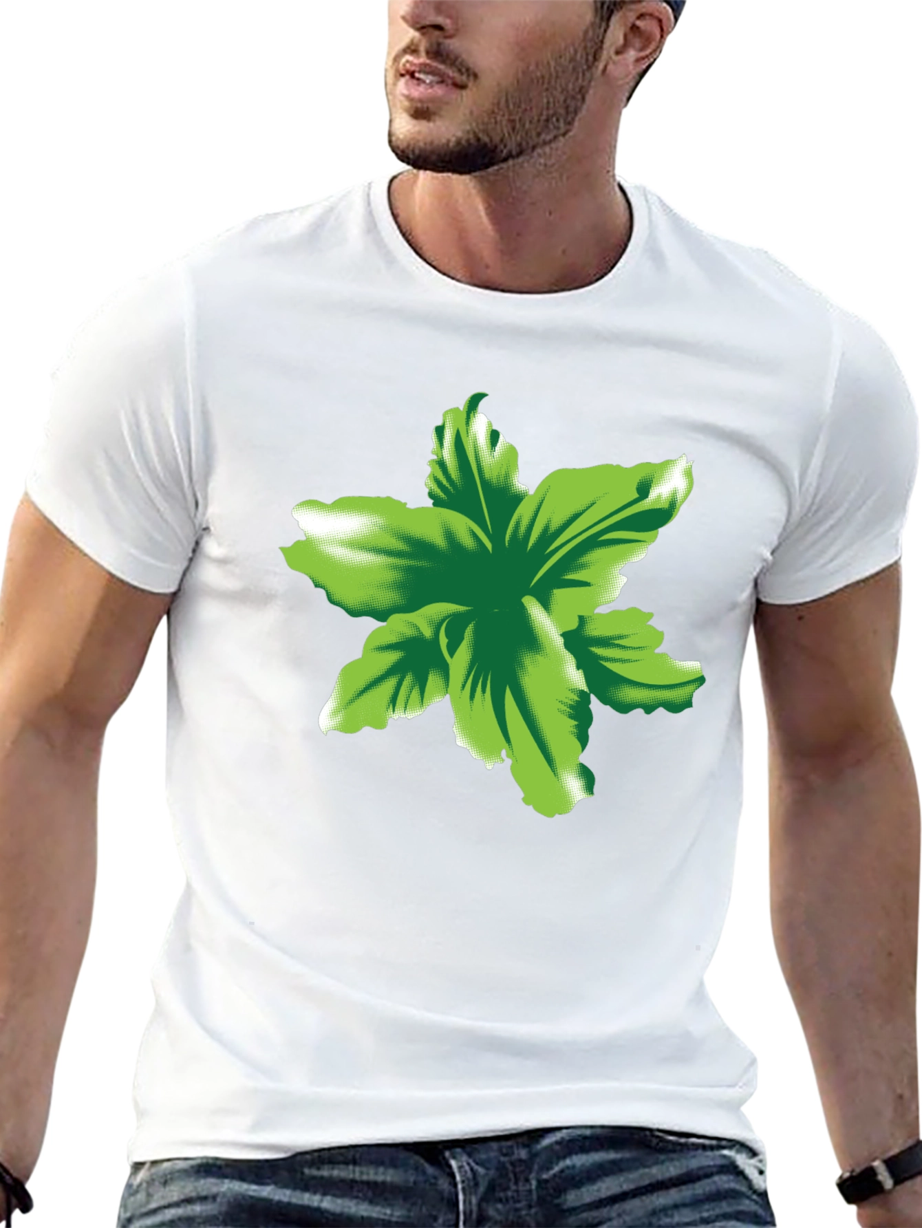 Green Floral Print Black T-Shirt