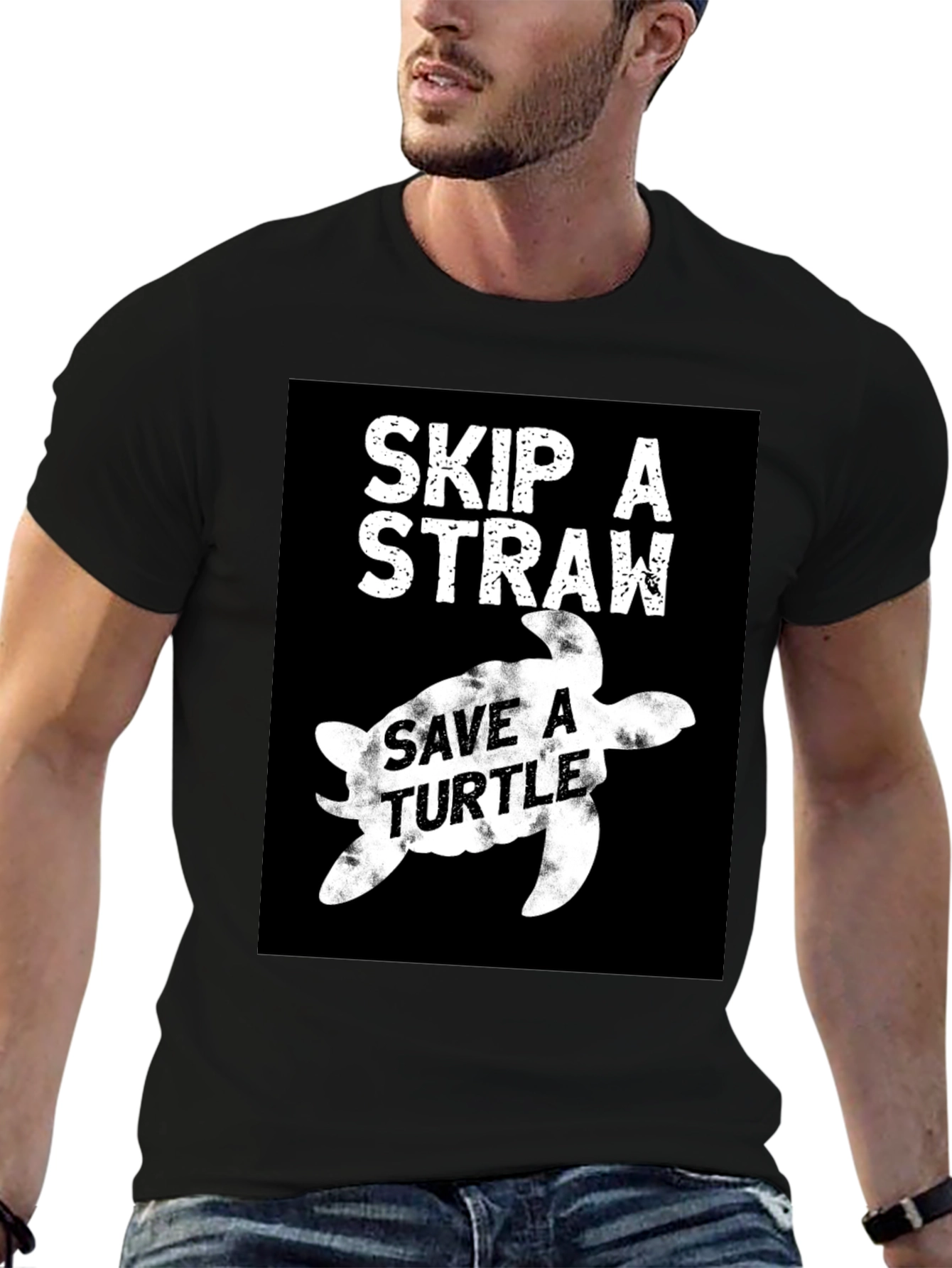 Skip A Straw Save A Turtle Black T-Shirt