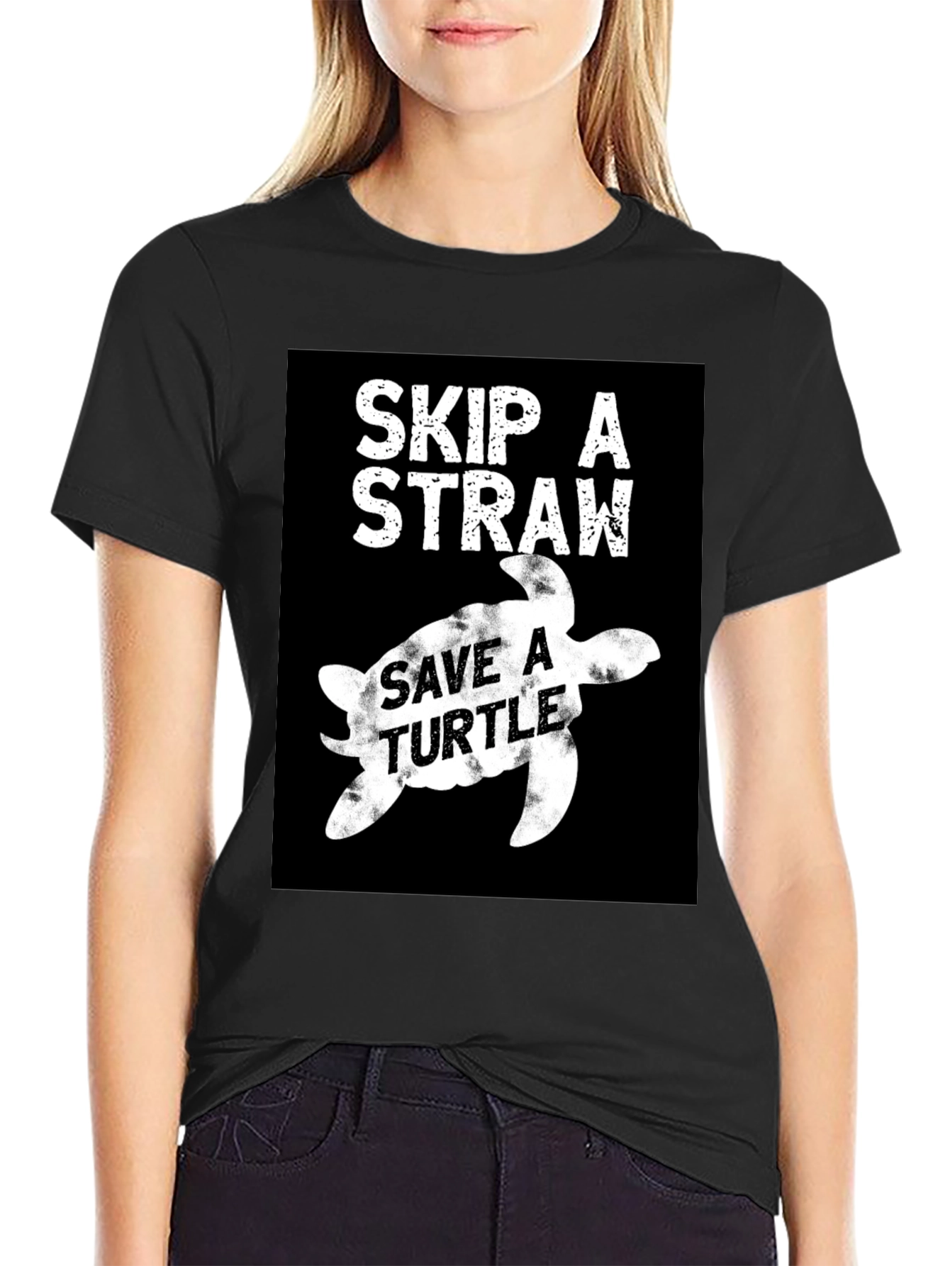 Skip A Straw Save A Turtle Black T-Shirt