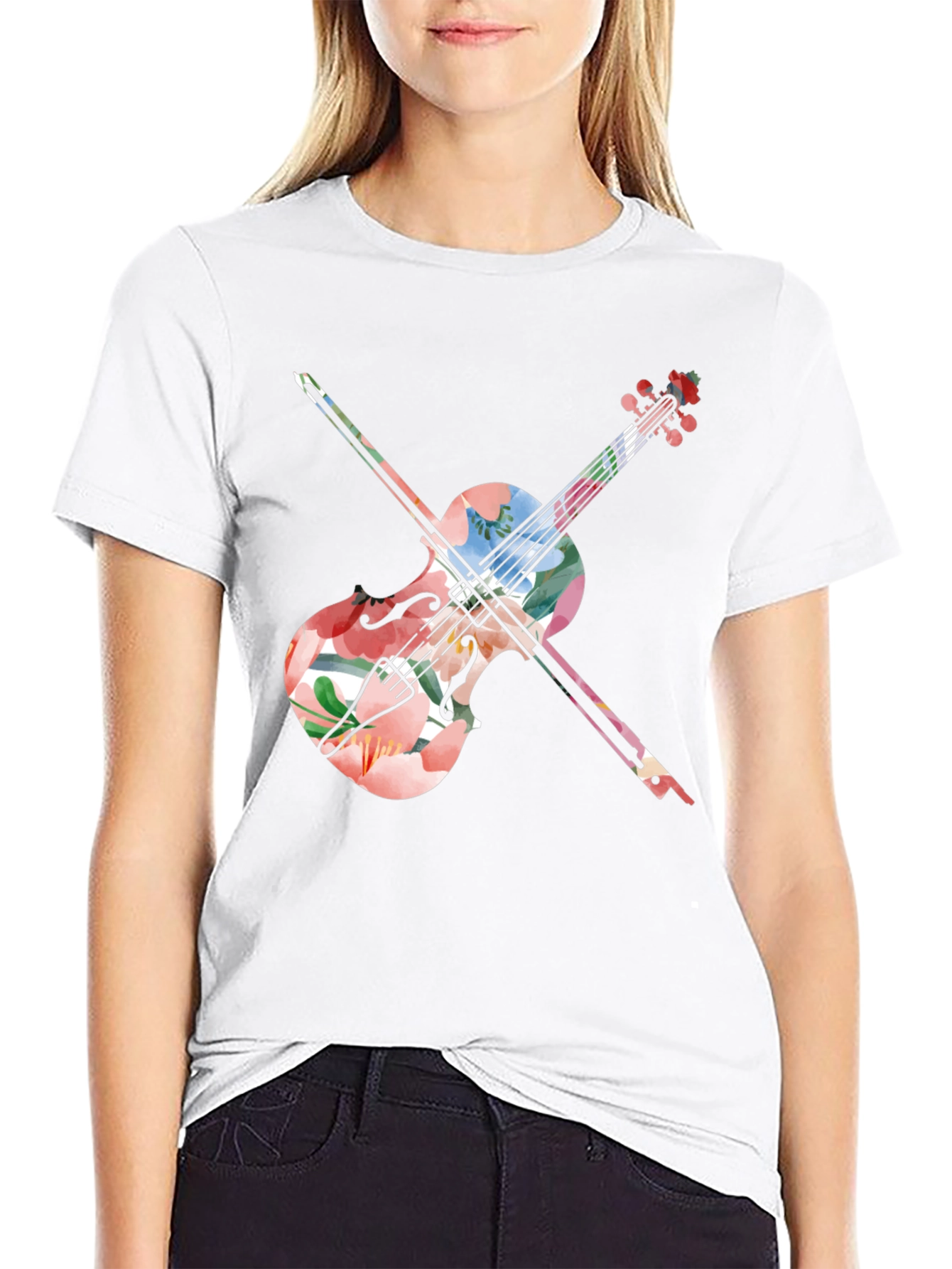 Floral Violin Graphic Tee - Artistic Black T-Shirt