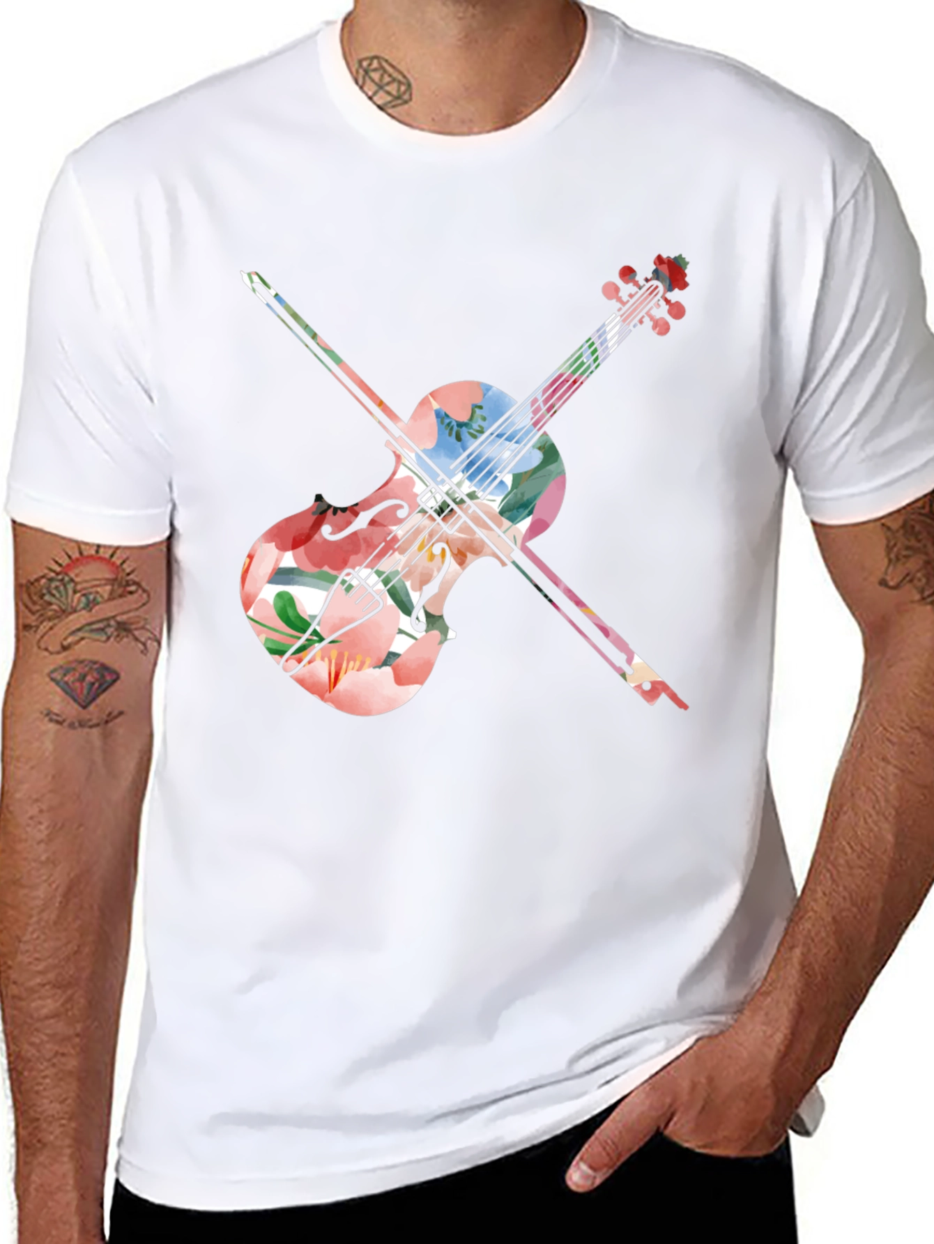Floral Violin Graphic Tee - Artistic Black T-Shirt