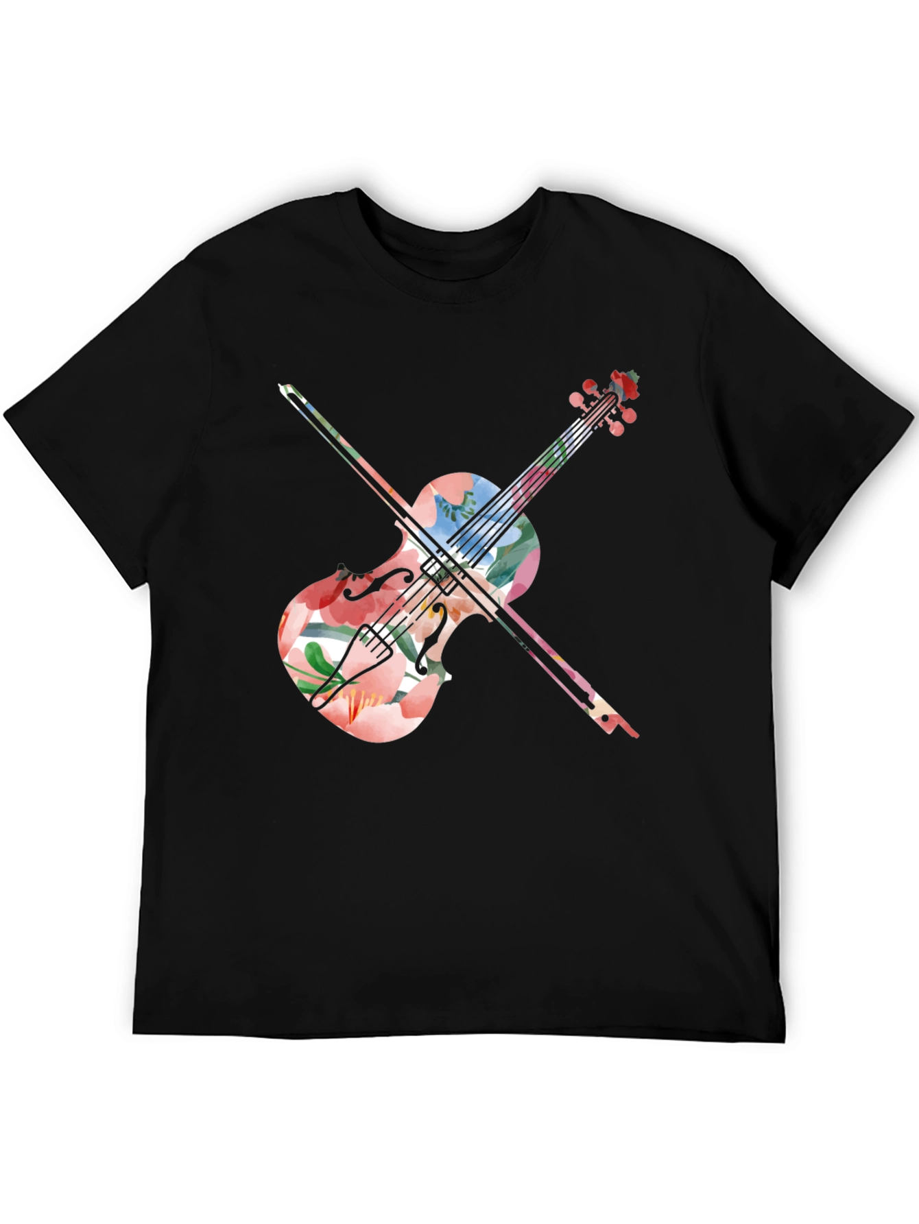Floral Violin Graphic Tee - Artistic Black T-Shirt
