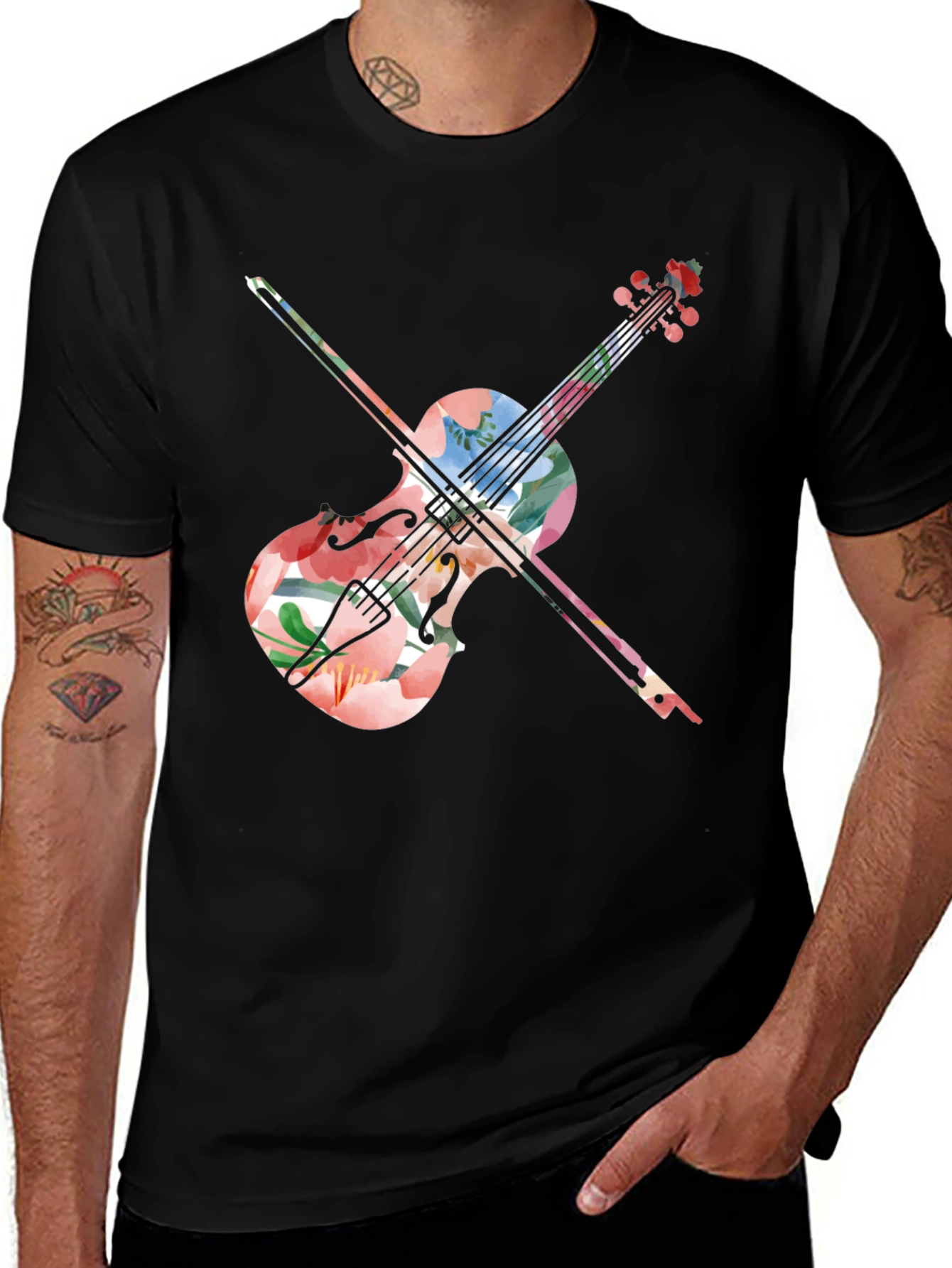 Floral Violin Graphic Tee - Artistic Black T-Shirt