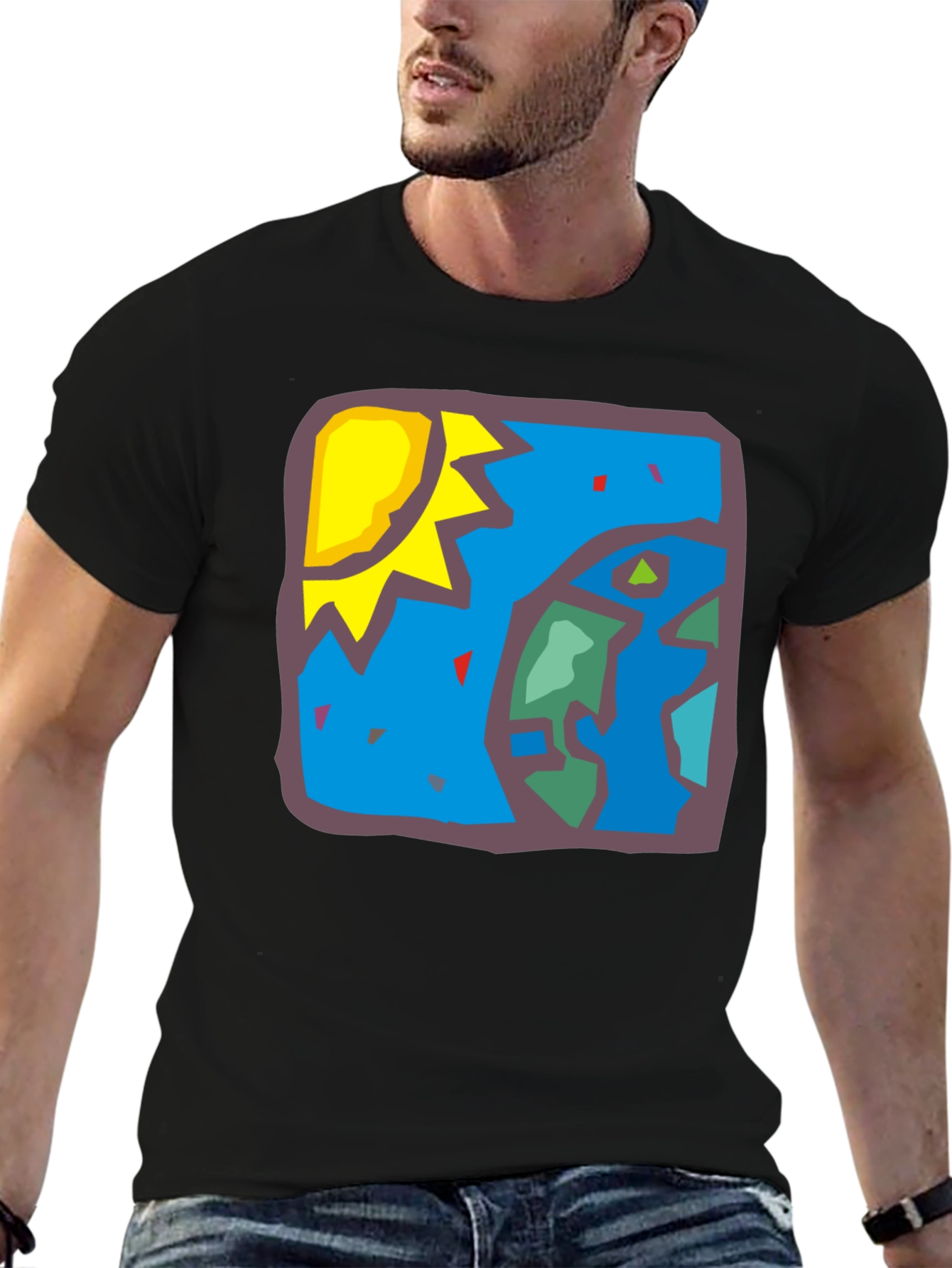 Abstract Earth Sun Graphic Black T-Shirt