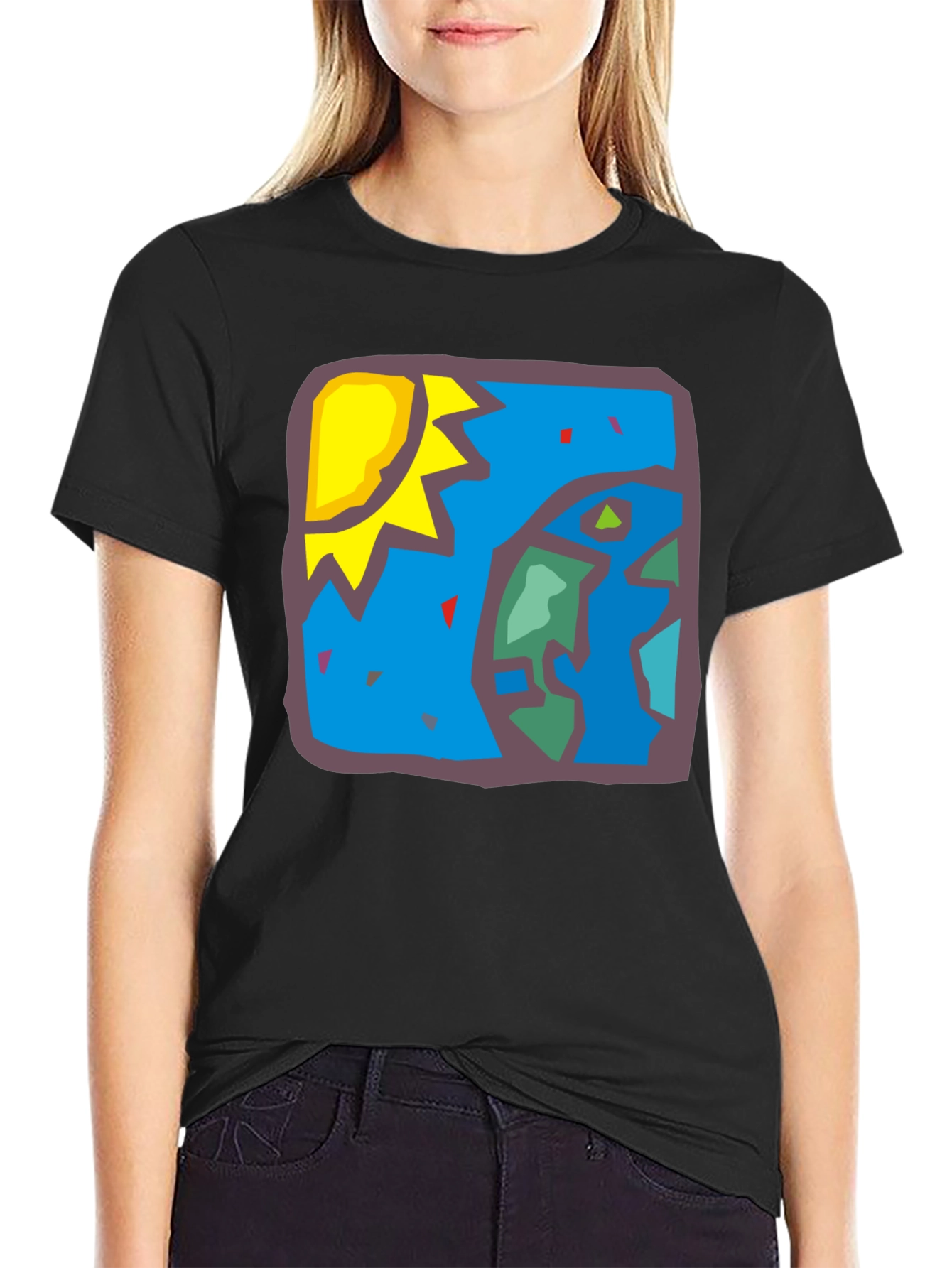 Abstract Earth Sun Graphic Black T-Shirt