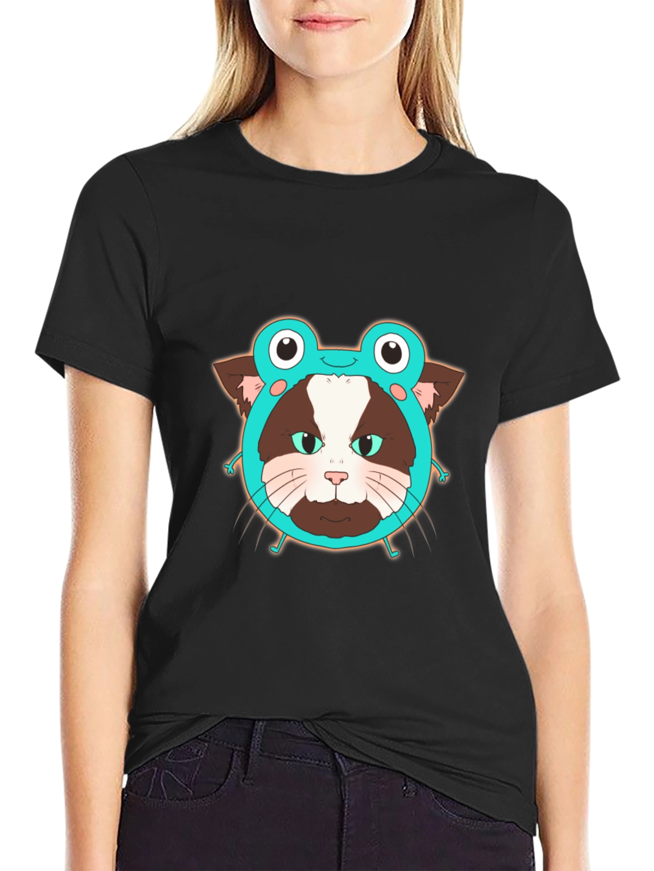 Funny Cat in Frog Hat Graphic Tee - Black
