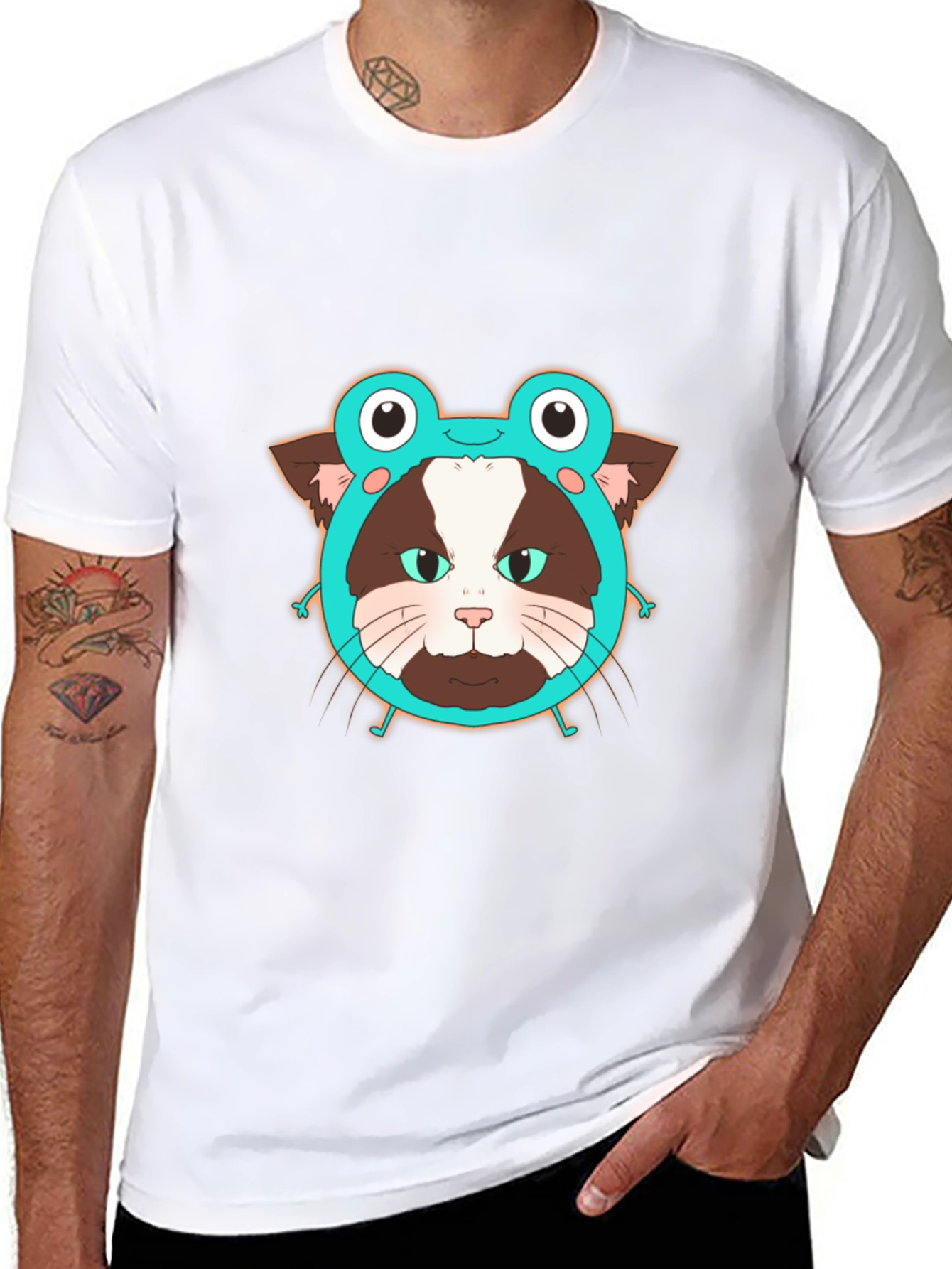 Funny Cat in Frog Hat Graphic Tee - Black