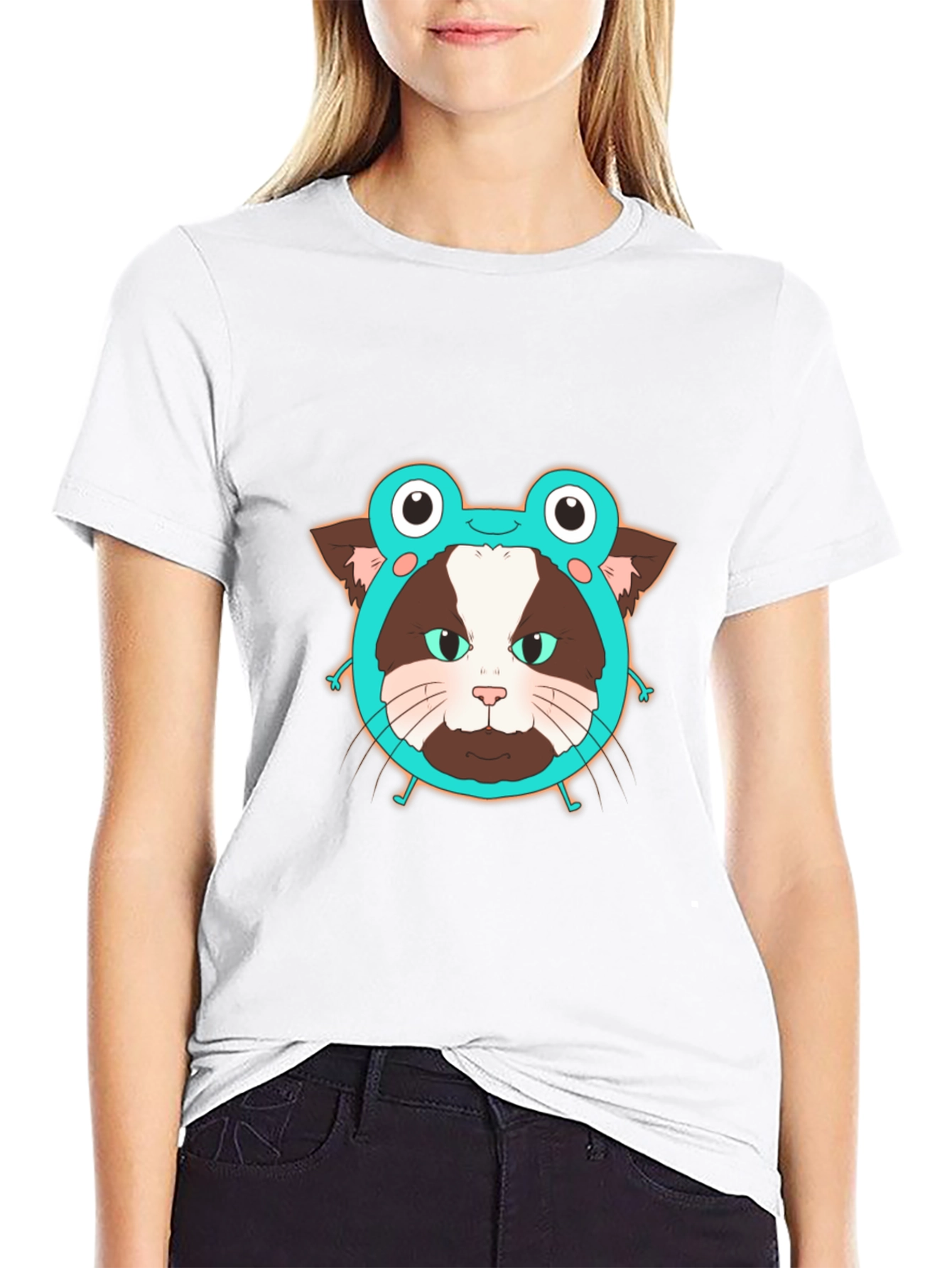 Funny Cat in Frog Hat Graphic Tee - Black