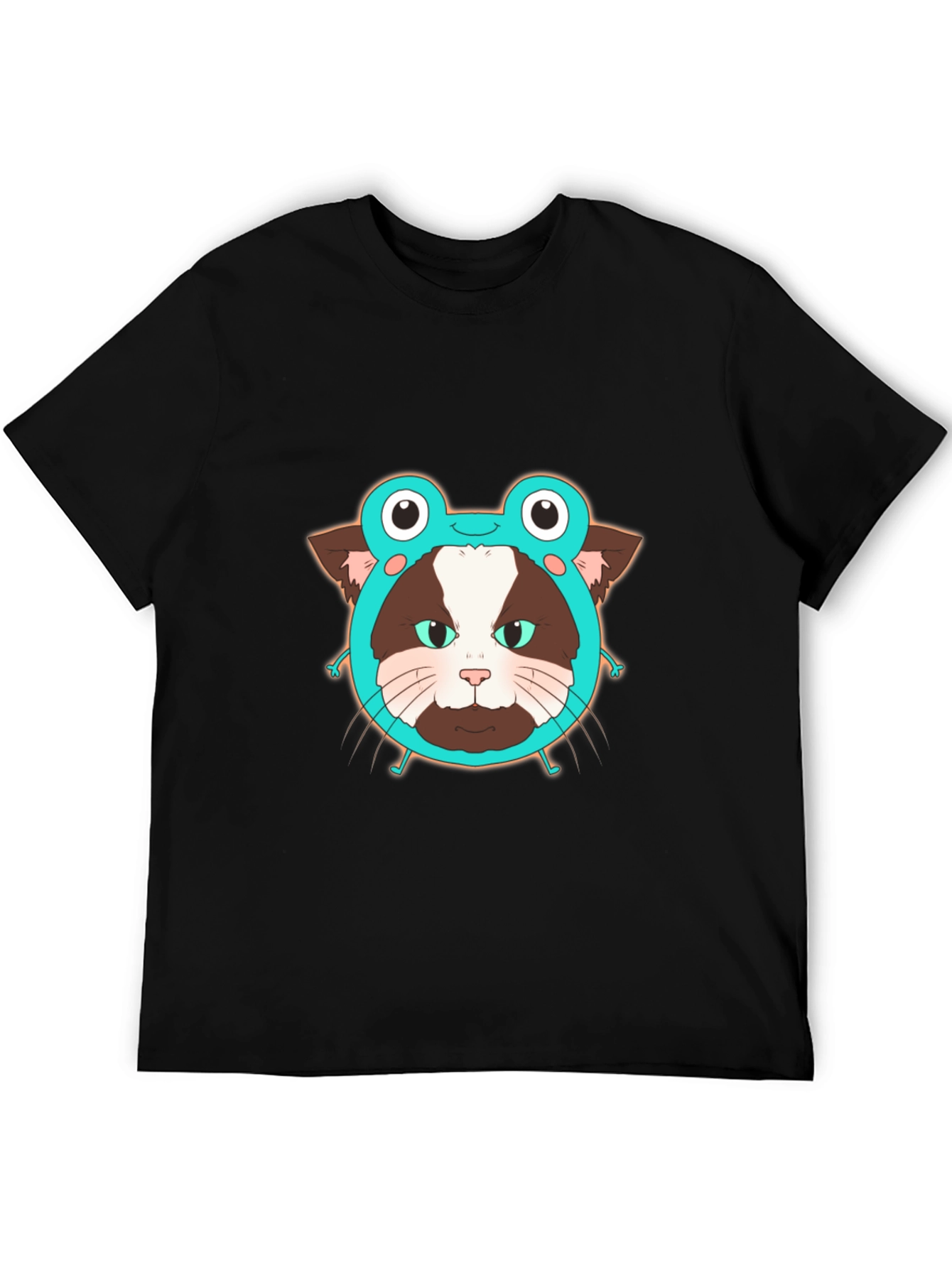 Funny Cat in Frog Hat Graphic Tee - Black