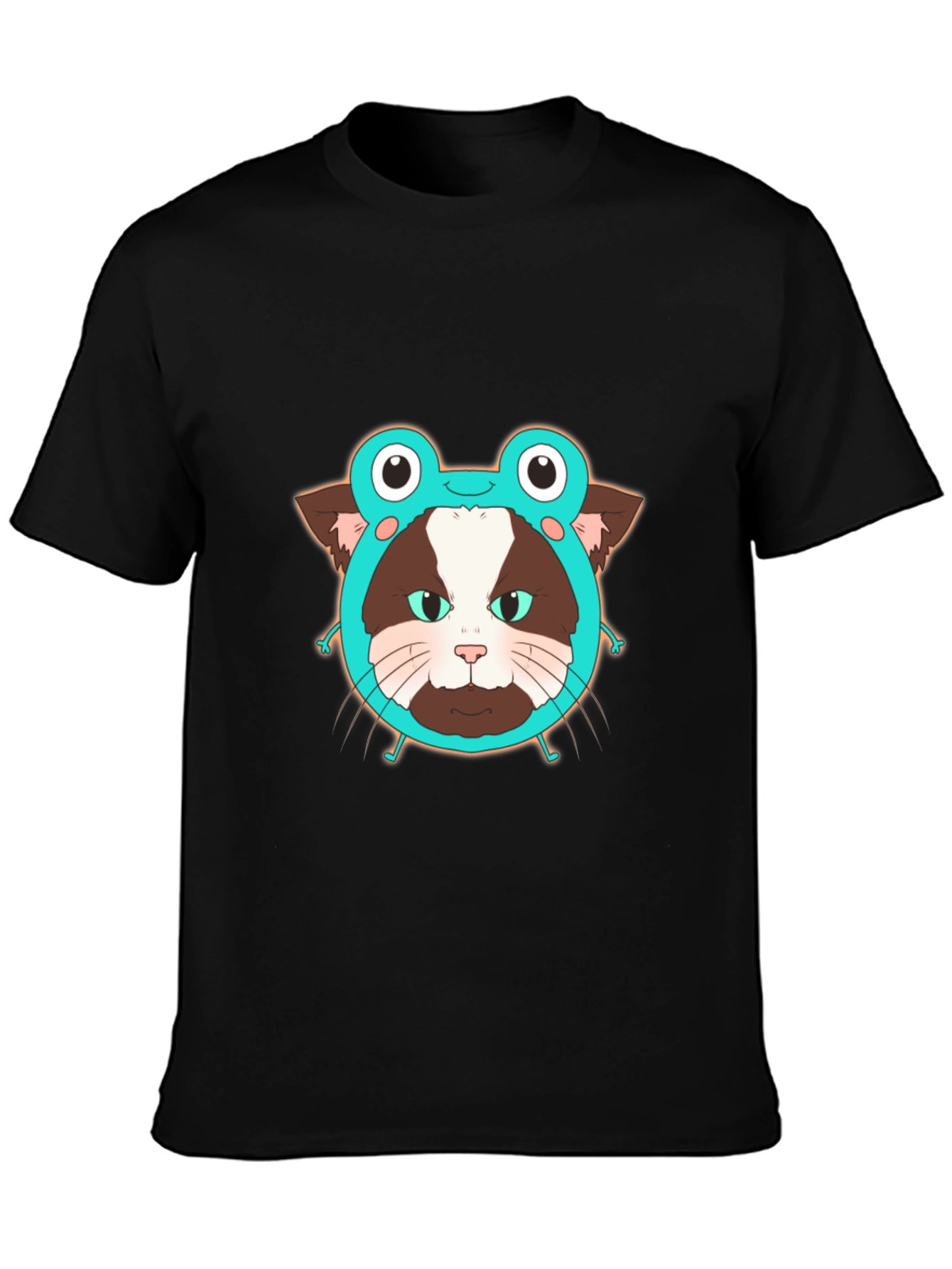 Funny Cat in Frog Hat Graphic Tee - Black
