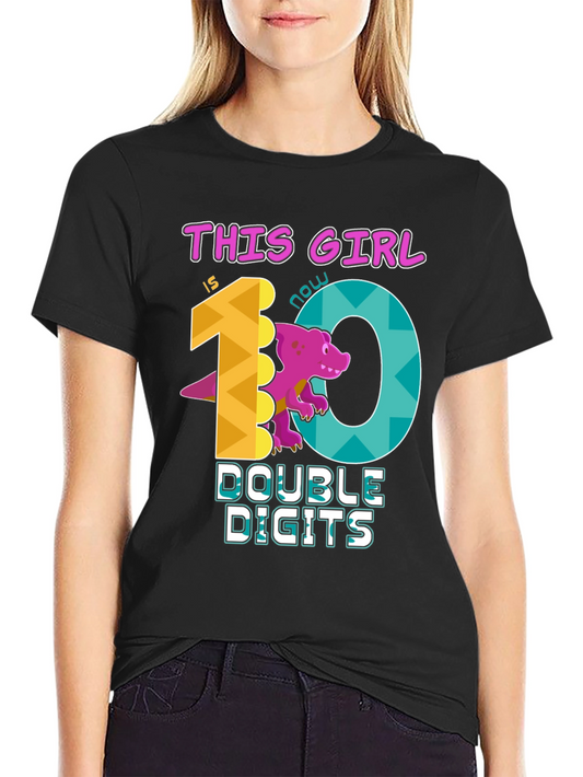 Girls 10th Birthday T-Shirt - Double Digits Dinosaur Tee