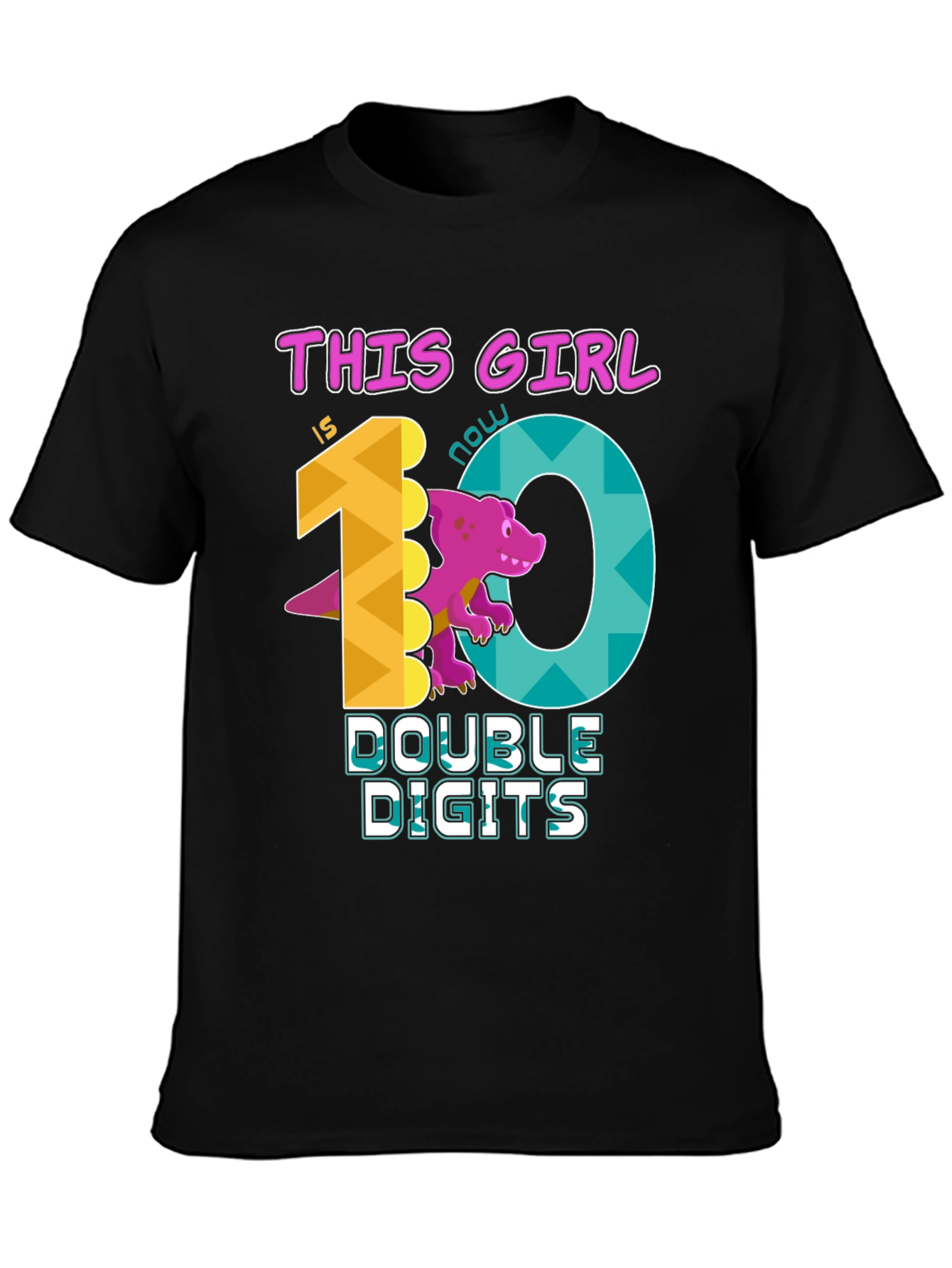 Girls 10th Birthday T-Shirt - Double Digits Dinosaur Tee