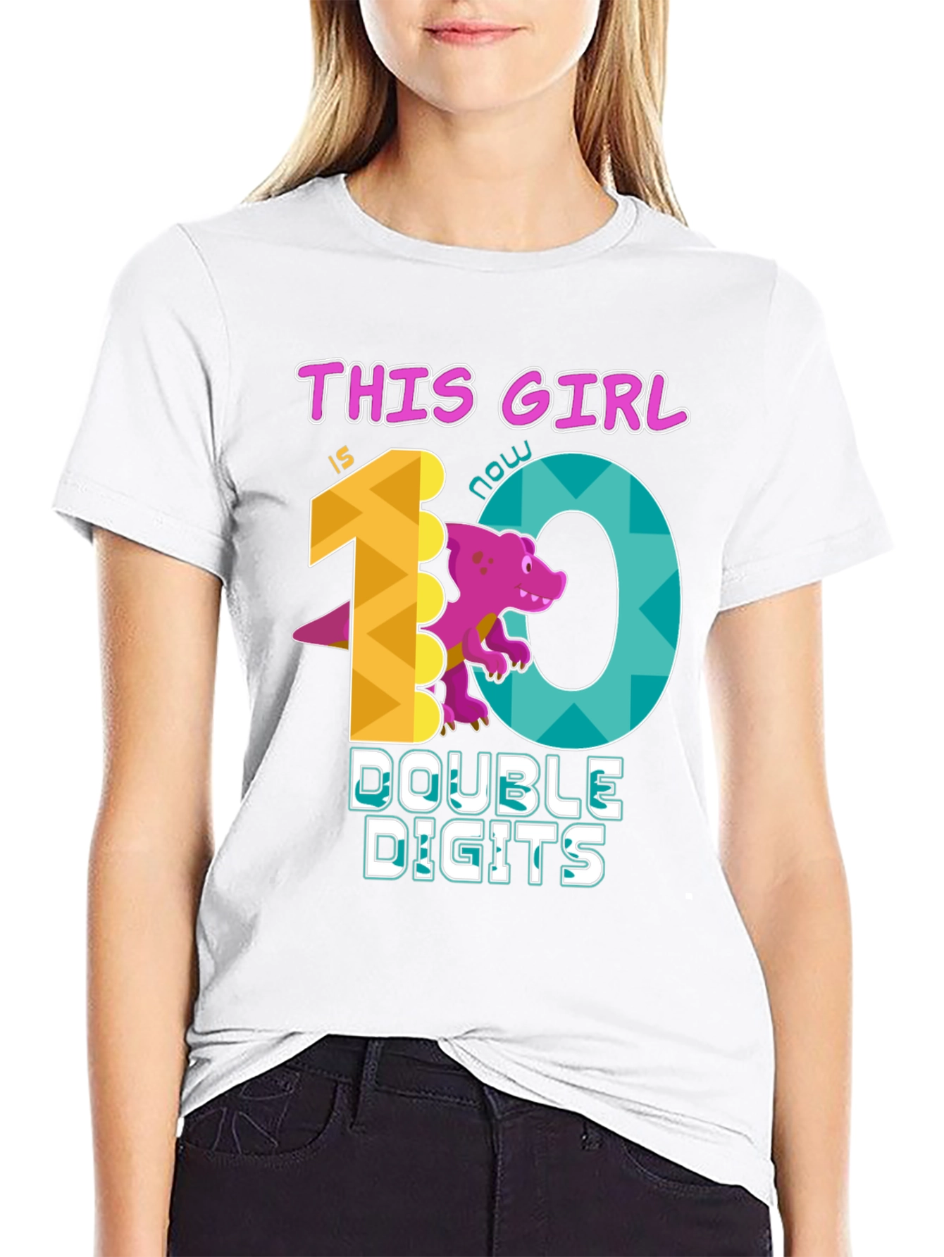 Girls 10th Birthday T-Shirt - Double Digits Dinosaur Tee