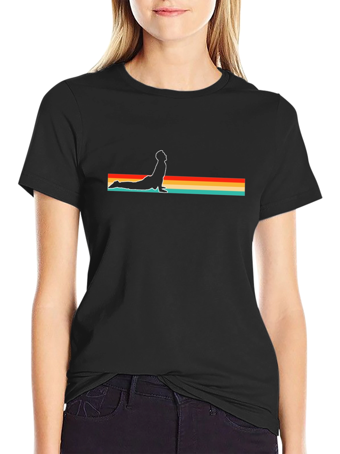Retro Yoga Pose Graphic Tee - Black Cotton Blend