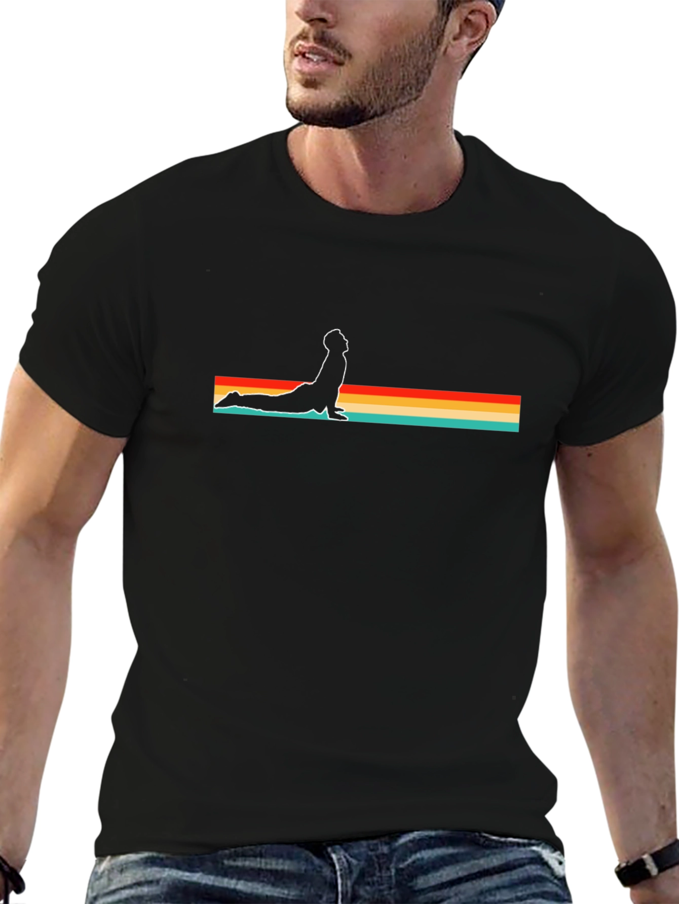 Retro Yoga Pose Graphic Tee - Black Cotton Blend