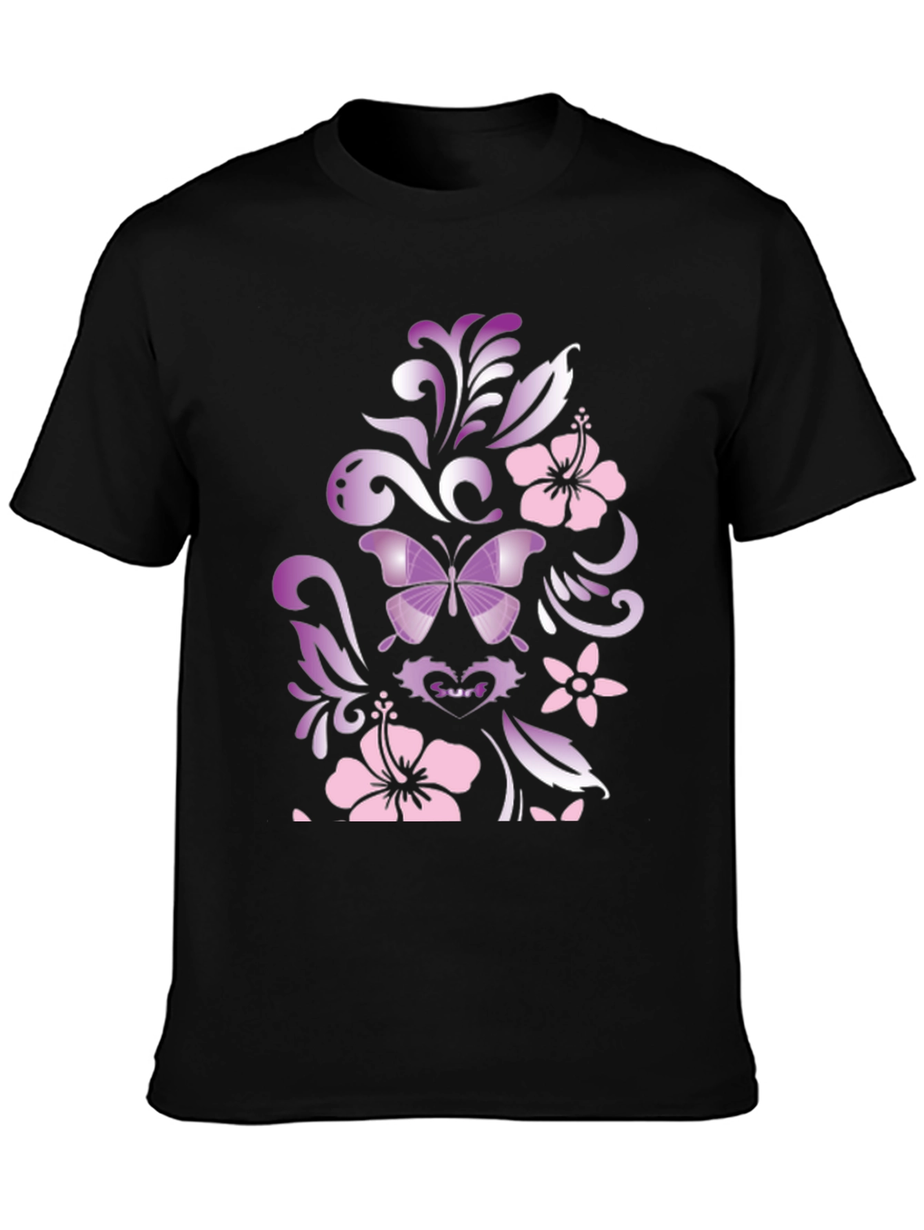 Butterfly Hibiscus Graphic Black T-Shirt