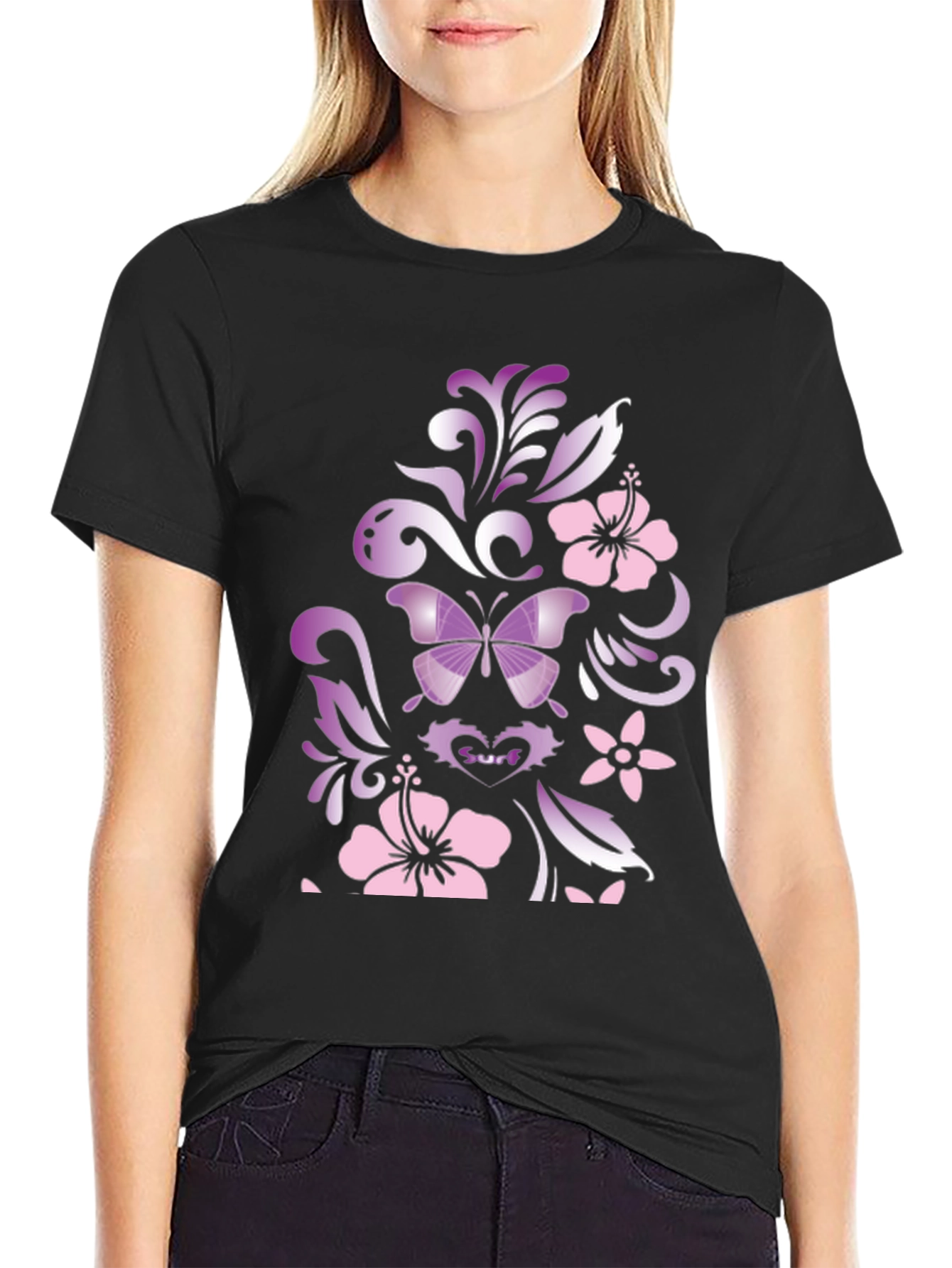 Butterfly Hibiscus Graphic Black T-Shirt
