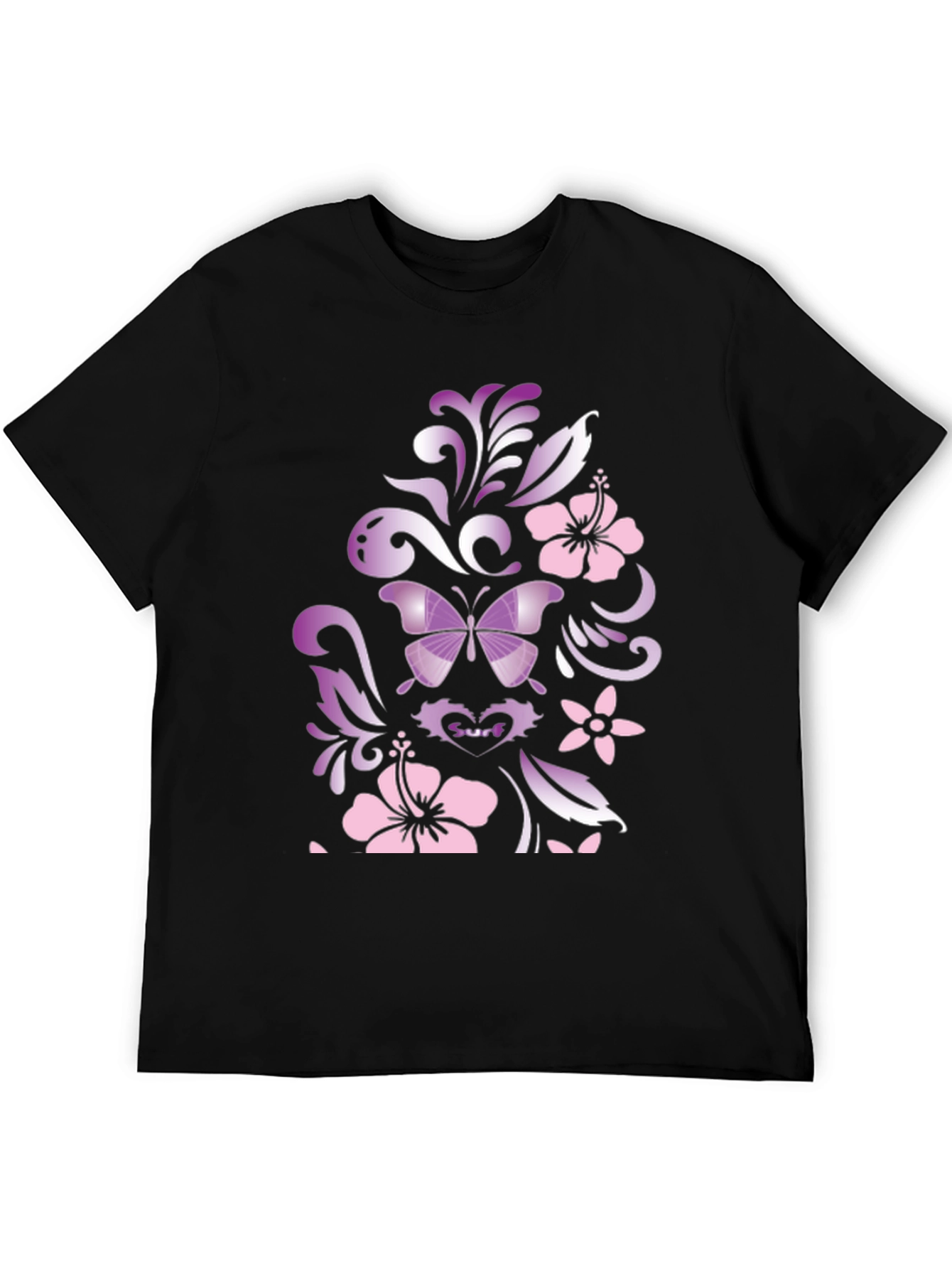 Butterfly Hibiscus Graphic Black T-Shirt