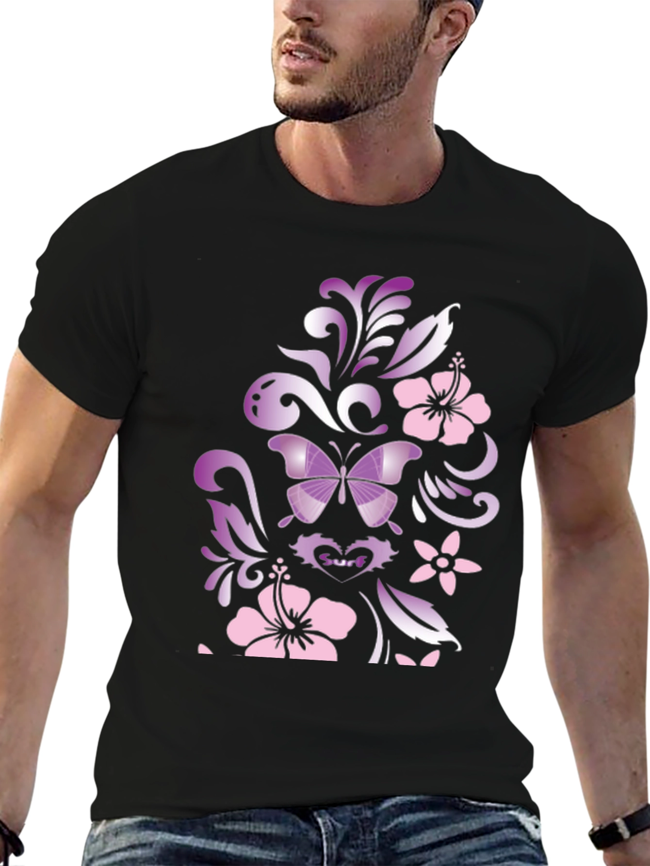 Butterfly Hibiscus Graphic Black T-Shirt