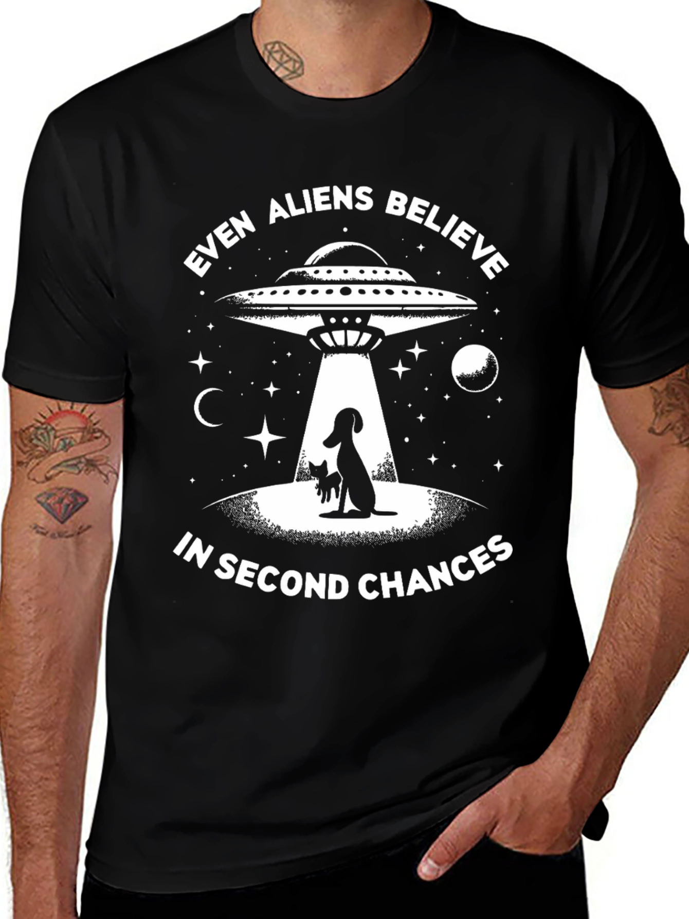 Even Aliens Believe Dog & Cat UFO Graphic T-Shirt