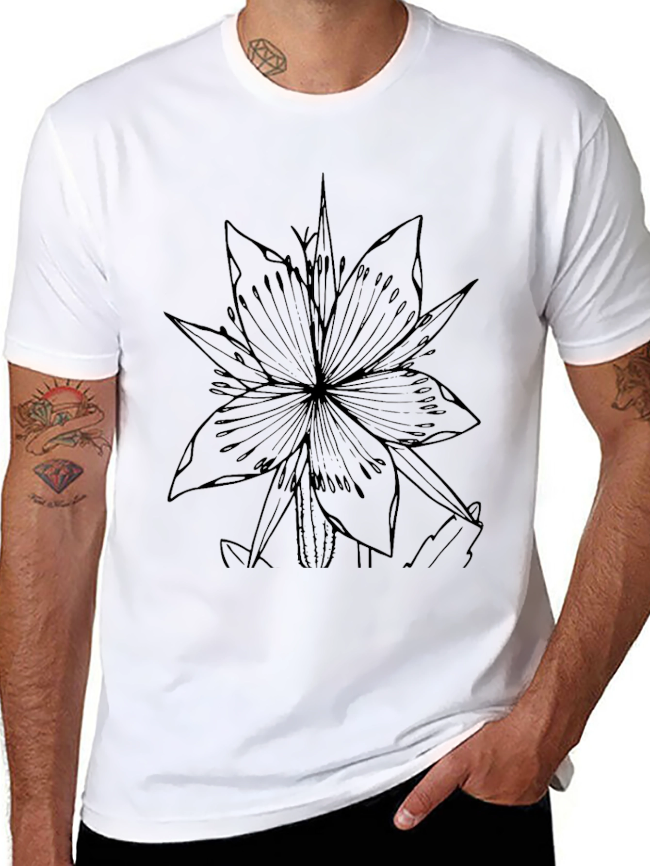Black T-Shirt with Floral Line Art Graphic