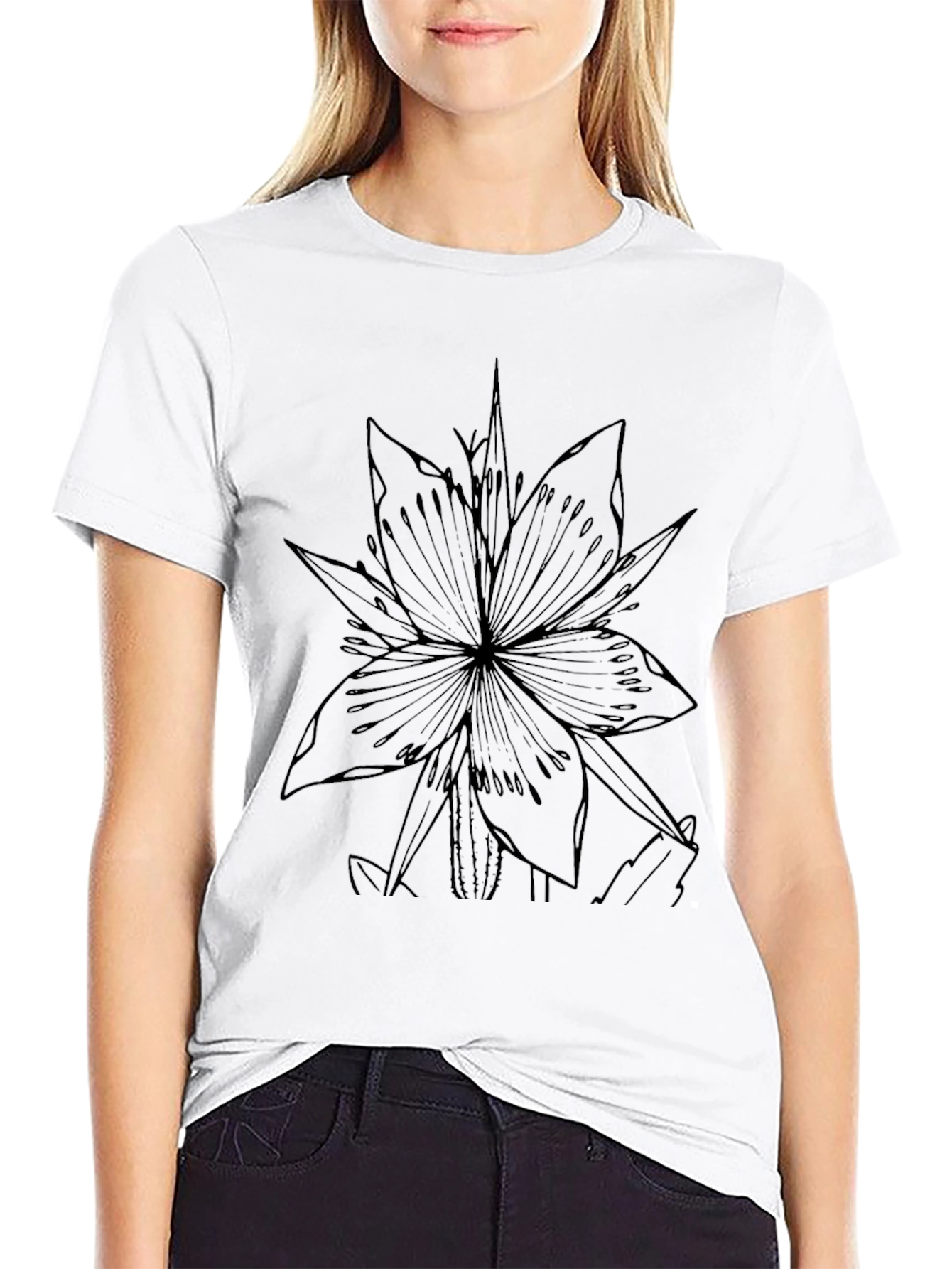 Black T-Shirt with Floral Line Art Graphic