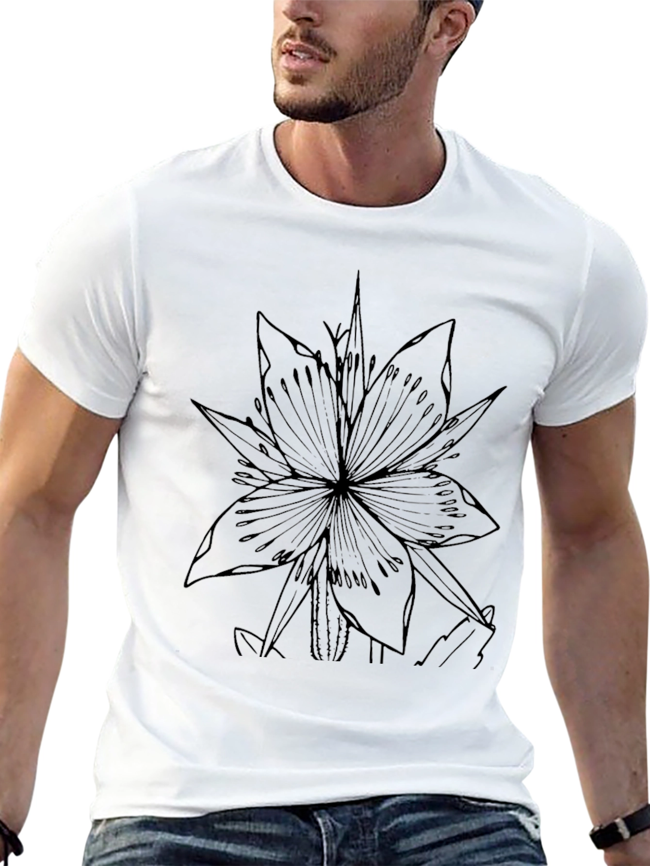 Black T-Shirt with Floral Line Art Graphic