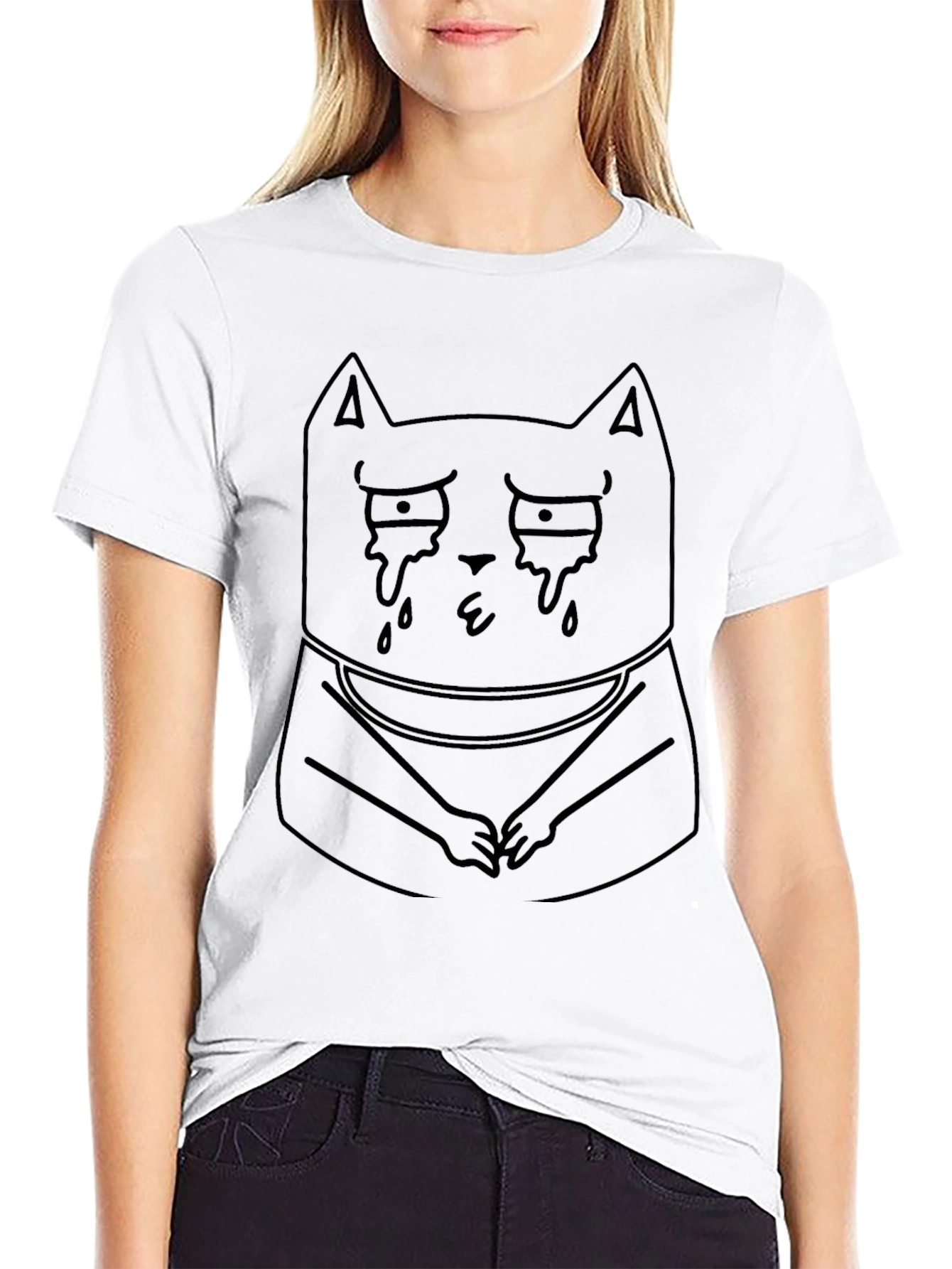 Sad Crying Cat T-Shirt - Unisex Black Tee